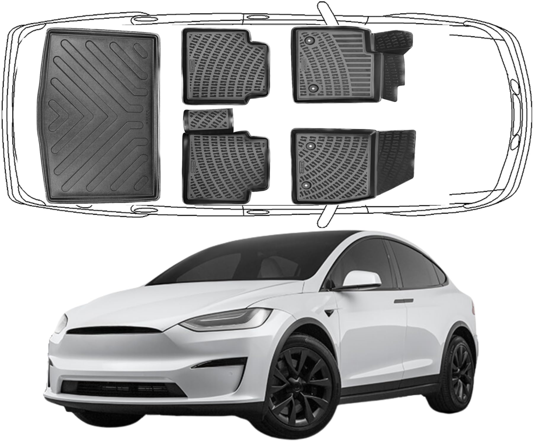 Trimak Dokładnie dopasowane dywaniki samochodowe 3D i mata do bagażnika, zestaw kompatybilny z Tesla Model X 5-osobowy 2015-2024, akcesoria samochodowe, gumowe maty i mata do bagażnika samochodowego,