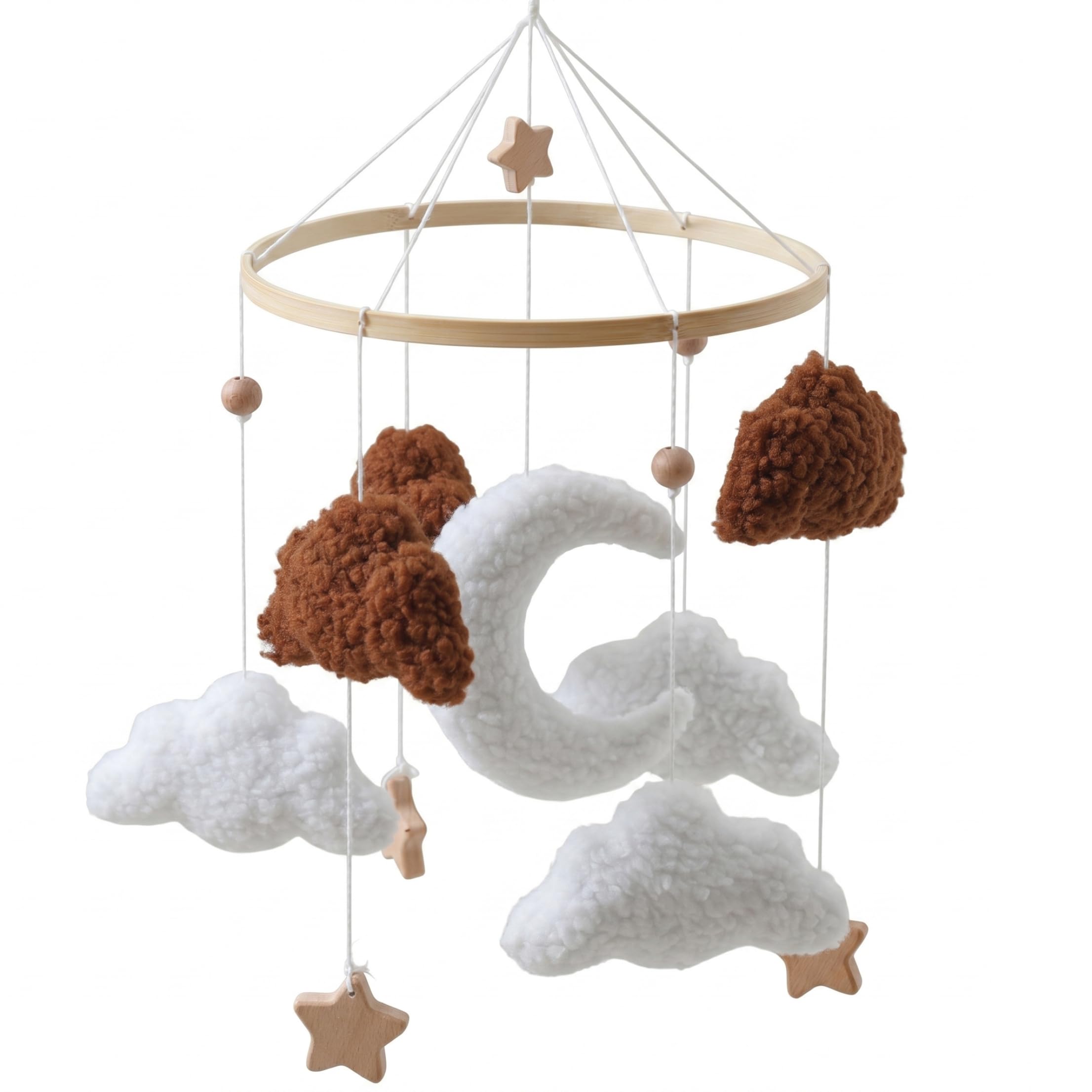 Tsawntd Nursery Mobile, Hanging Baby Mobile For Crib With Soft Cloud, Moon & Wooden Star Fits Cribs & Strollers | Brown