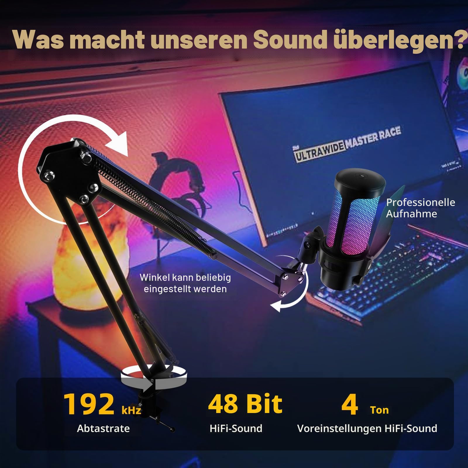 VCOM Gaming Mikrofon mit Arm, USB Microphone Kit mit RGB Modi, Mute, Pop-Filter, PC Mikrofon für Podcast, Streaming, Studio, Plug & Play, Standmikrofon für Mac, PS4, PS5, YouTube