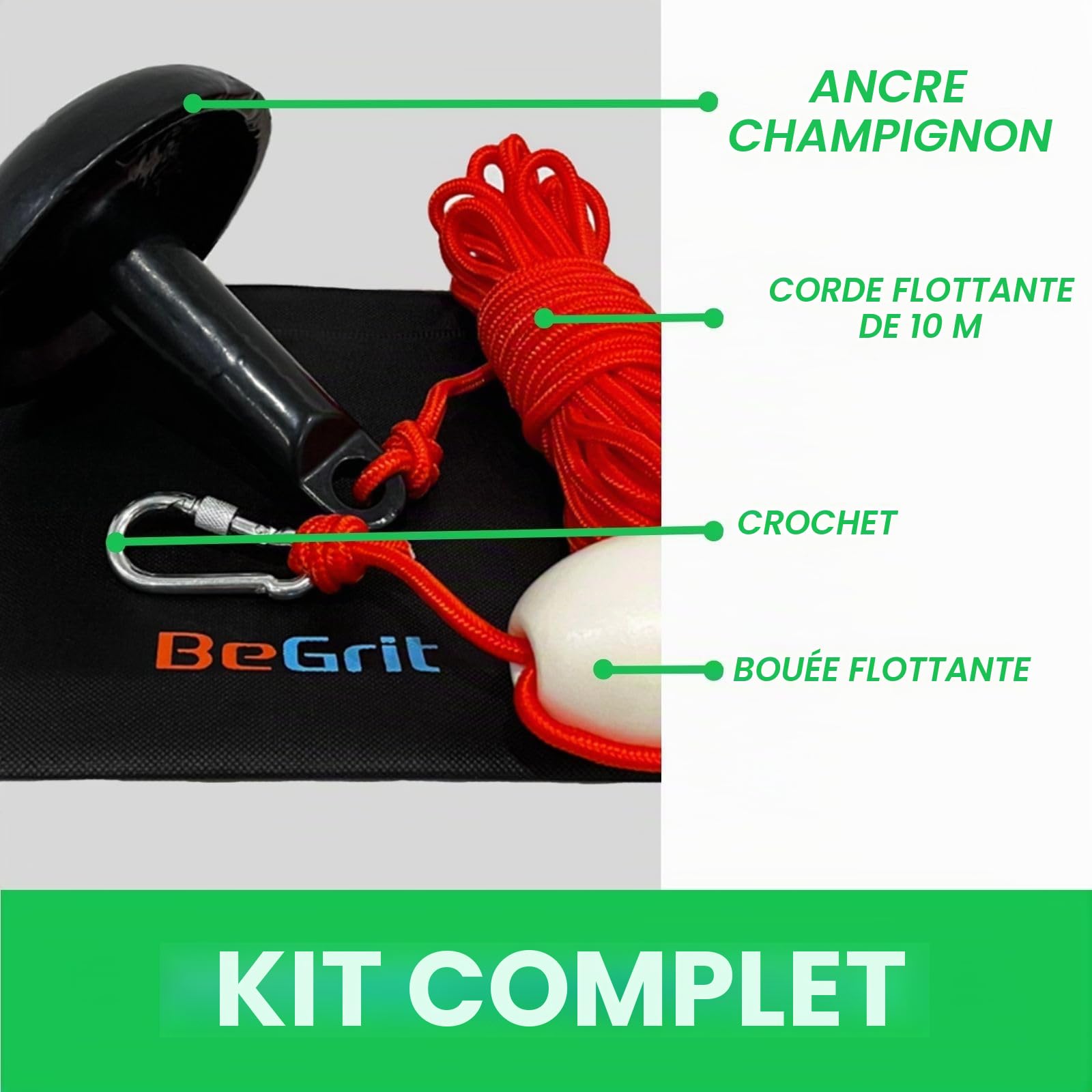 BeGrit 5 LB Ancre de Bateau kit Petite Champignon Ancre pour Canoë Jet Ski | Ancrage Kayak en Acier Carbone pour Sup & Paddle Board Bateaux avec 10 m Corde de Remorquage et Bouée et Sac de Transport