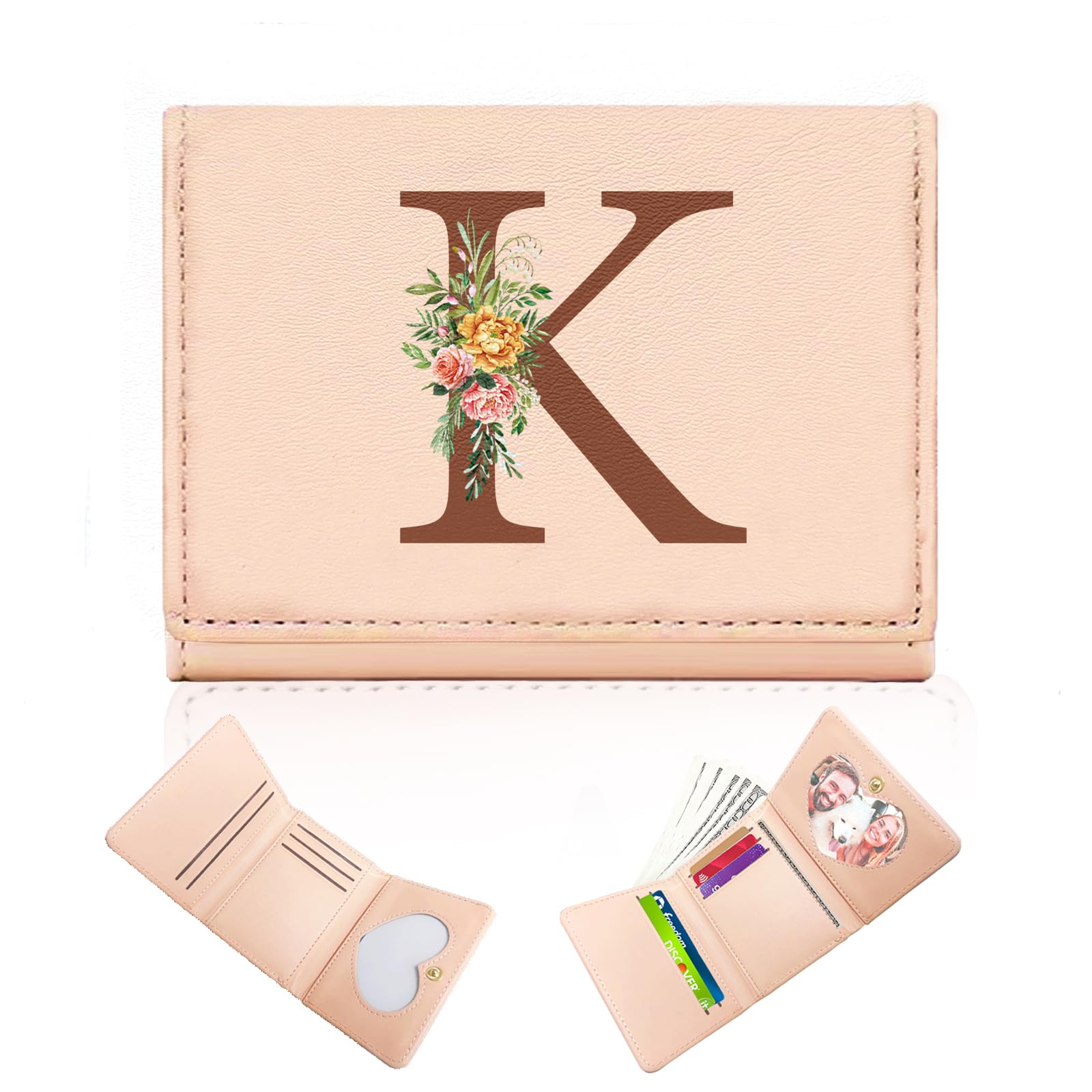 Wallet for Girls Women,Girls Wallets for Kids 8-10,Trifold Leather Teen Girl Wallet Organizer,Cute Front Pocket Wallets with 7 Card Slots & Heart ID Window,Birthday Gifts for Mom Sister Initial K
