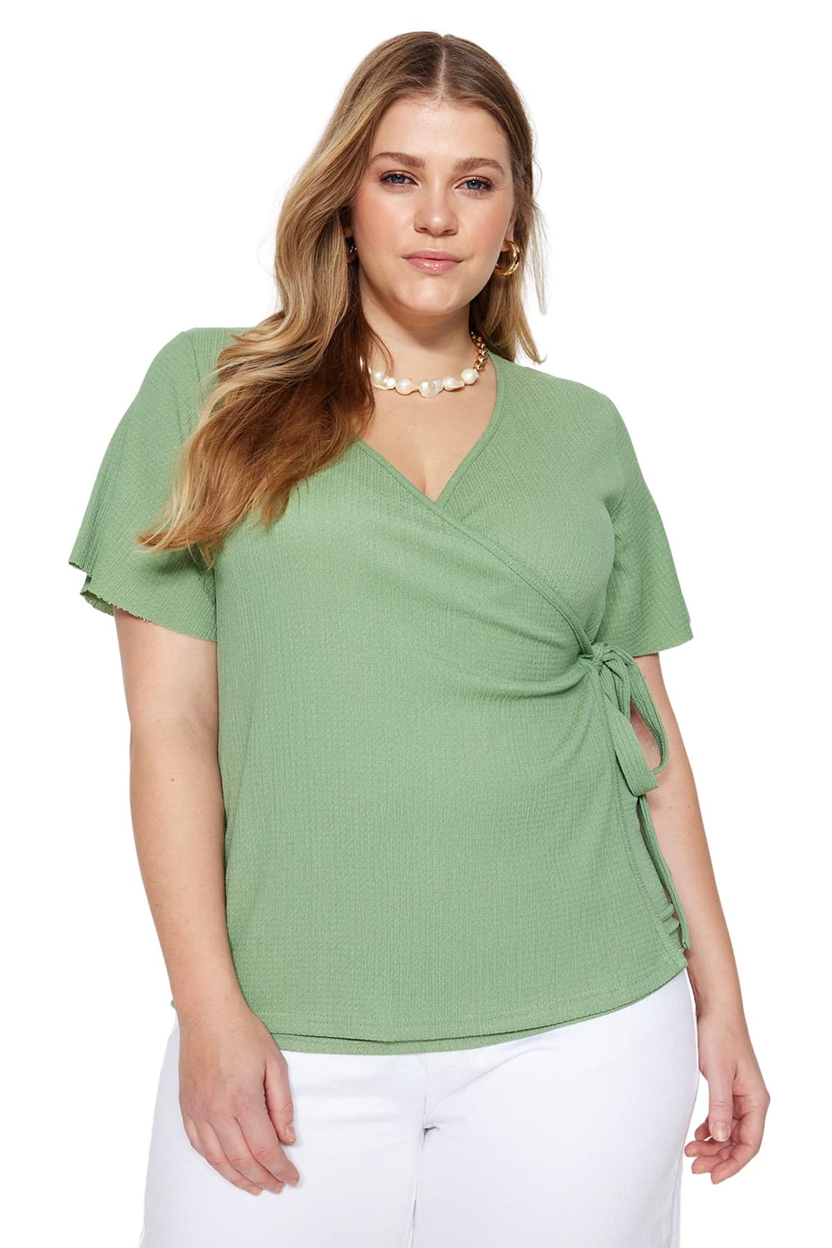 Trendyol Damen Enganliegende Wrapover Strickbluse Bluse Cache-Coeur Strick, Übergröße, Dark Mint, XX-Large Plus