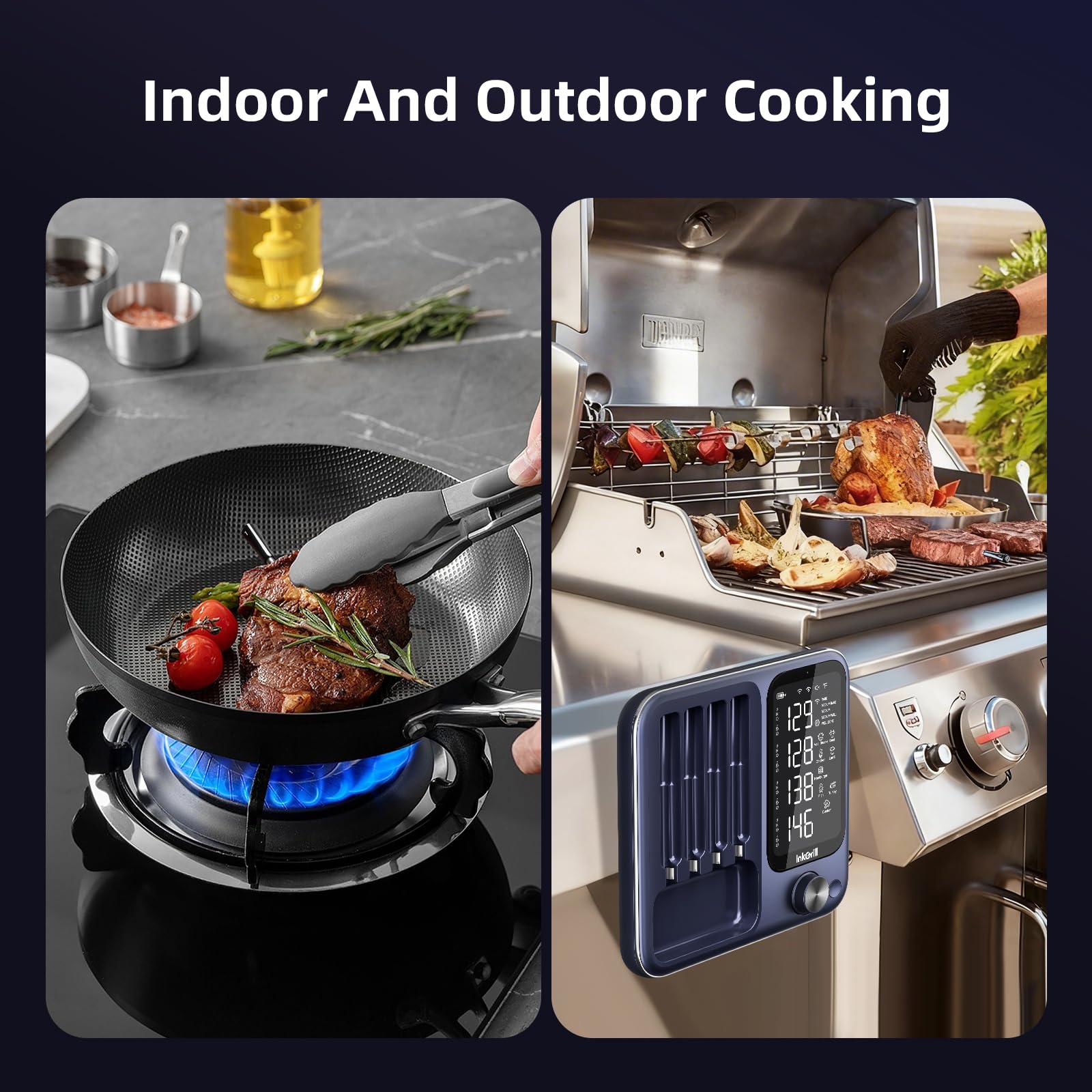 Wireless Meat Thermometer Digital with 4 Probes & IP67 Waterproof，2 Sensors in 1 Probe, WiFi Unlimited Range Real Time Monitoring Smart Meat Thermometer for Cooking, BBQ, Grill, Oven, Smoker