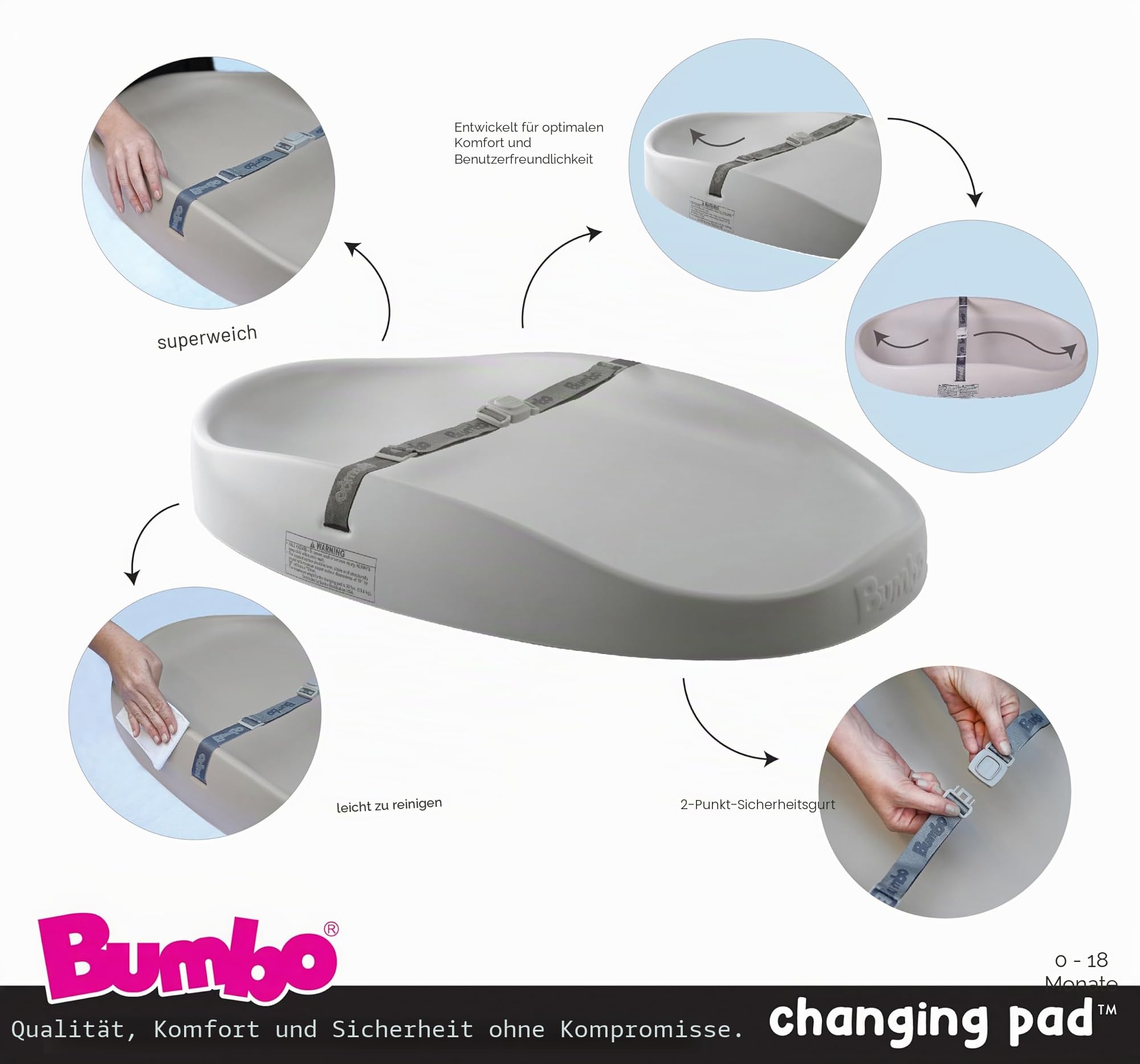 Bumbo Baby Wickelunterlage - Leicht zu Reinigen Mit Sicherheitsgurt - Anti-Roll-Funktion - Taupe