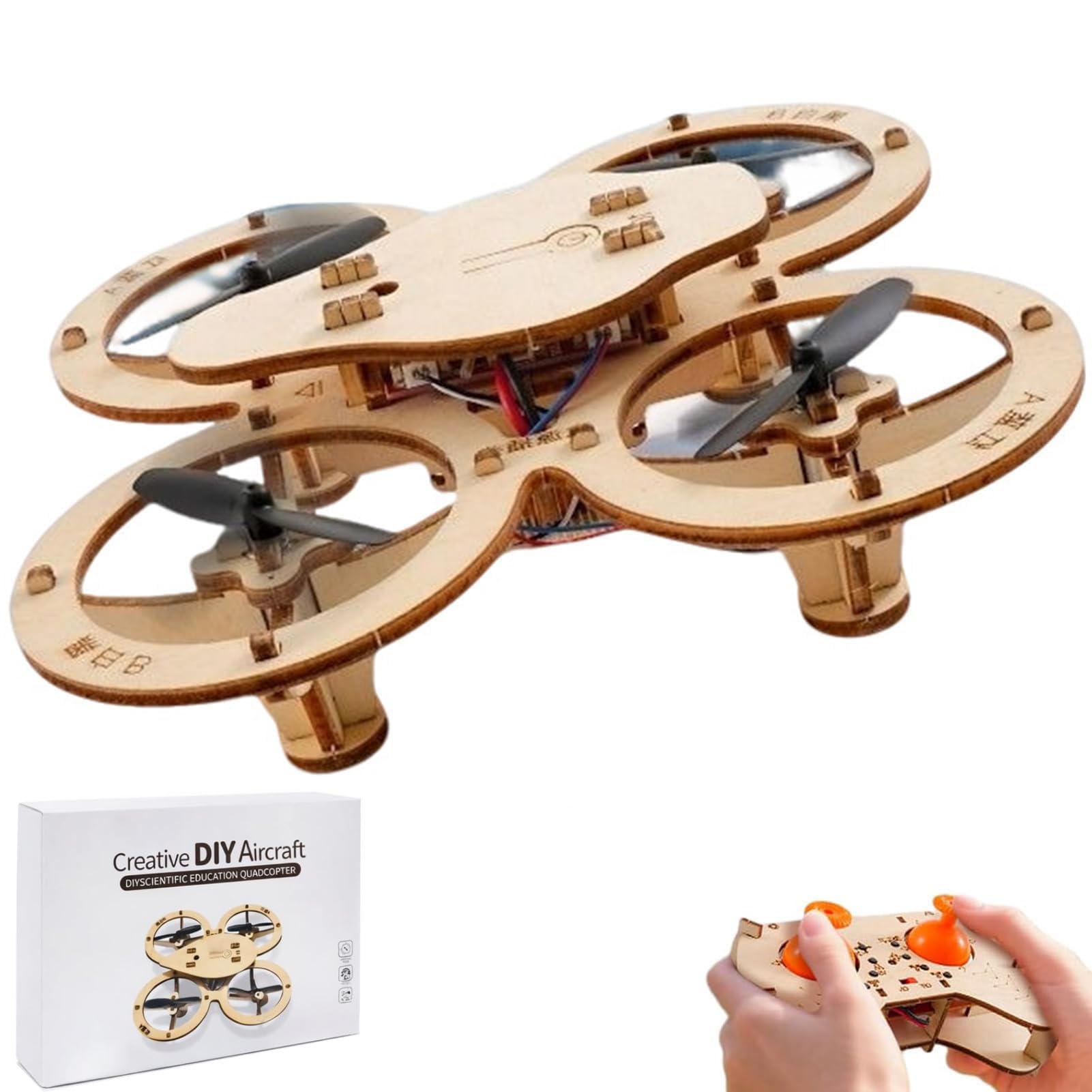 DIY Wooden Drone Kit, DIY Wooden Assembly RC Drone Kit, Aircraft RC Quadcopter with Remote Control, 4-Axis Flight Educational STEM Building Toy, Creative Aircraft Science Model (1set)