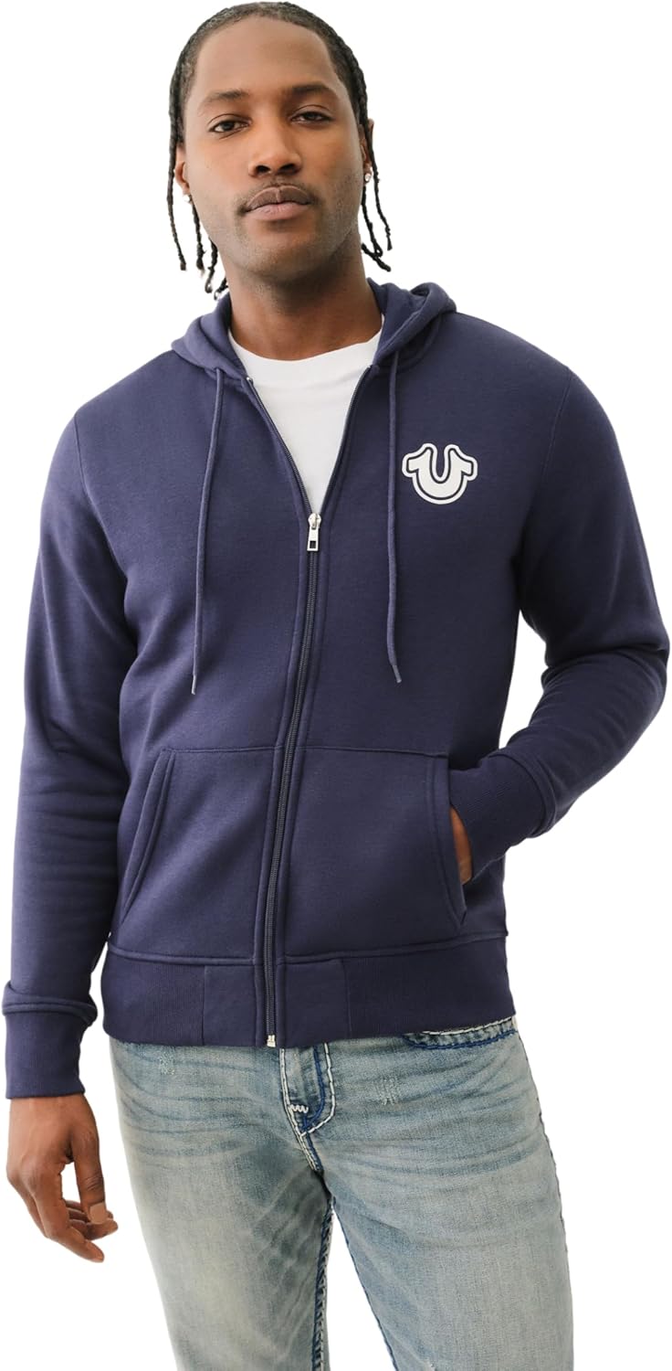 True Religion Men’s Puff Print Core Zip Up Hoodie for Men – Y2K Graphic Hoodie, Mens Hoodies with Oversized Graphic