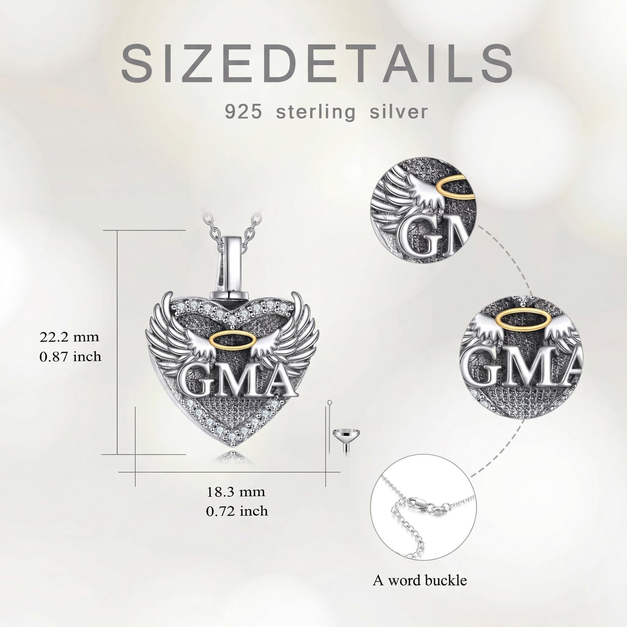 Collana con urna per ceneri in argento Sterling 925, con ali d'angelo, a forma di cuore, per la cremazione, per le ceneri della persona cara, con catena in acciaio inox da 45,7 cm + 5,1 cm