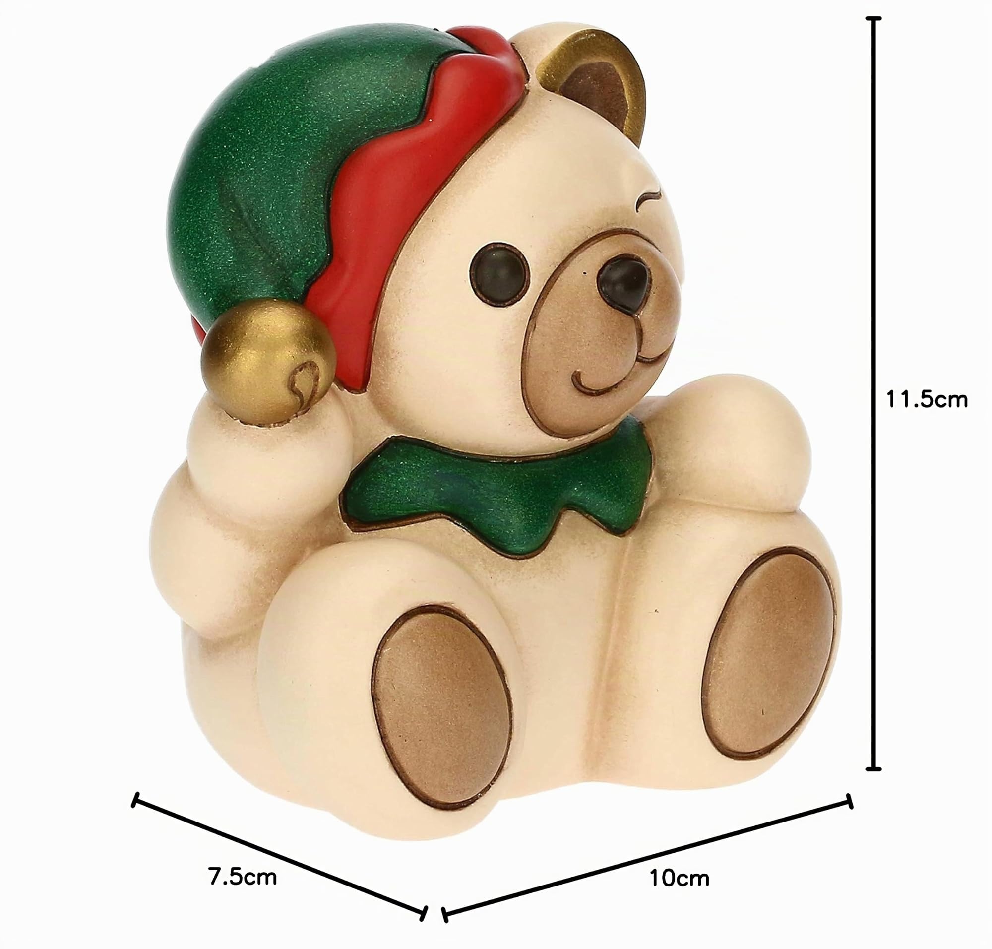 THUN - Natale 2022 - Soprammobile Teddy Elfo in Ceramica Decorata a Mano - Idea Regalo Natale 2022 - con Scatola in Latta - 10x7.5x11.5 cm h