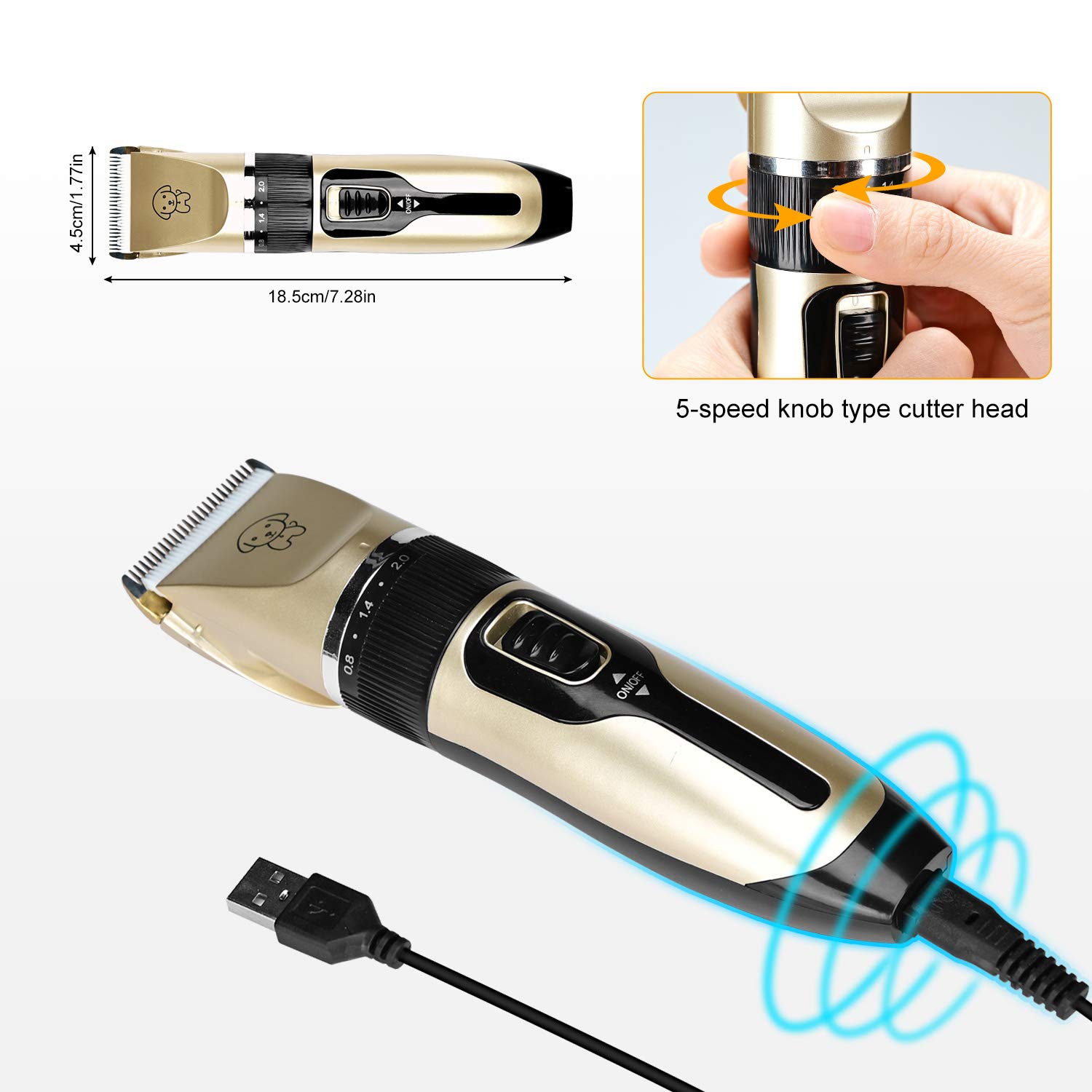 Podazz Tondeuse de toilettage électrique pour Chien, Kit de toilettage sans Fil pour Animaux de Compagnie Kit de Tondeuse à Cheveux pour Chiens, Chats, Animaux de Compagnie (Or)
