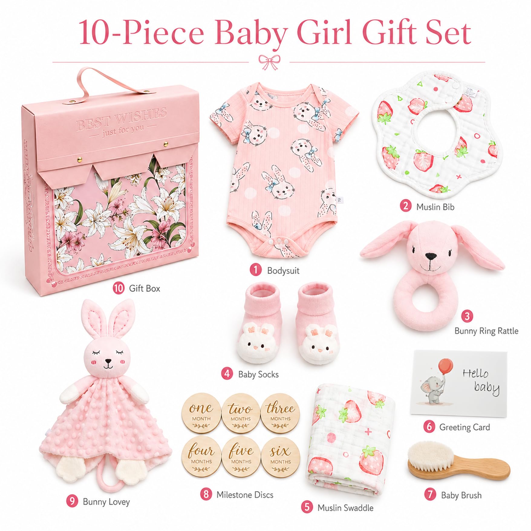 Coffret baptême bébé 15 pièces : couverture, body, hochet, doudou, brosse en bois, cartes étapes, bavoir, chaussettes antidérapantes et boîte souvenir. Rose.