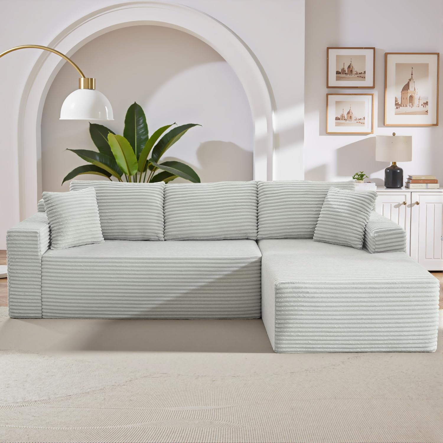 105 Inch Cloud Sectional Couch,Modern Modular Sectional Sofa with Deep Seat,Corduroy Boneless Couches with L-Shape Chaise for Living Room Bedroom,No Assembly Required (Light Grey, Right Facing Chaise)