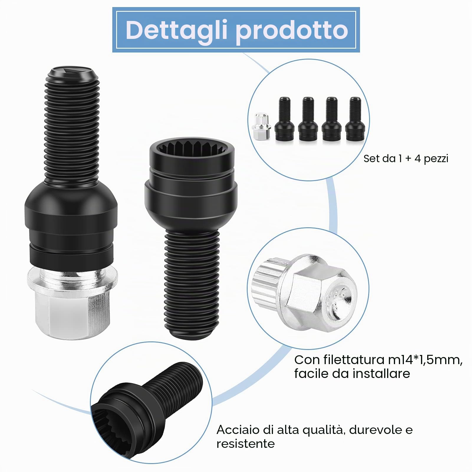 Dado Antifurto Ruota Auto Bullone In Acciaio Nero M14 x 1.5mm, Set Di Dadi Di Sicurezza Bloccabili