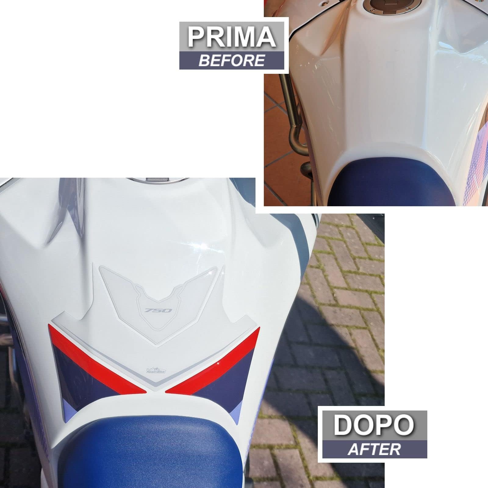 Resin Bike Adesivi Moto Compatibile con Honda Transalp XL 750 2023. Protezione Moto Paraserbatoio da Urti e Graffi. Adesivo 3D Resinato - Tricolour Ross White