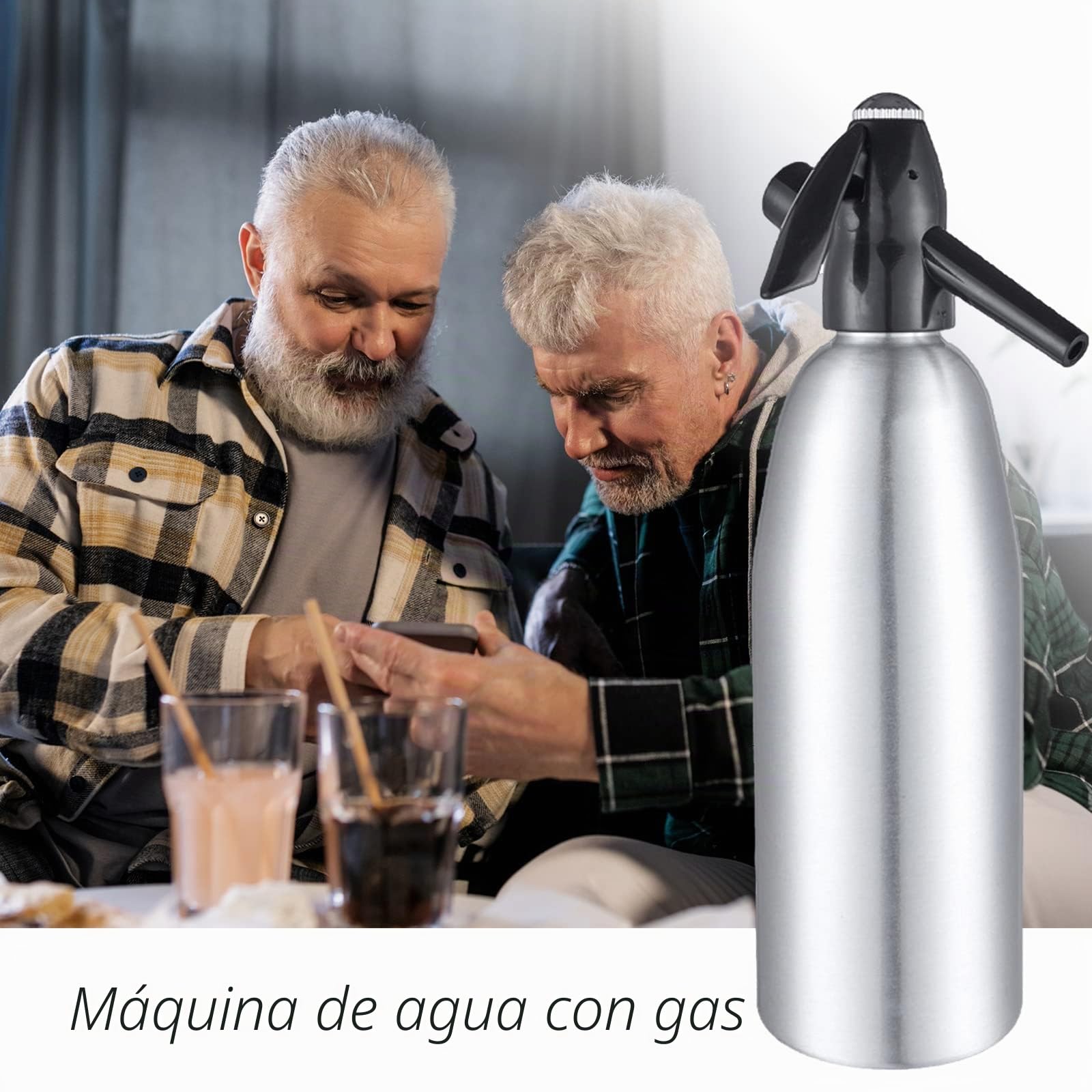 Sifón de Soda Manual 1L, Máquina para Hacer Agua con Gas de Aluminio, Sifón para Bebidas Carbonatadas, SIN Cápsulas CO2, Compatible con Cartuchos de 8g