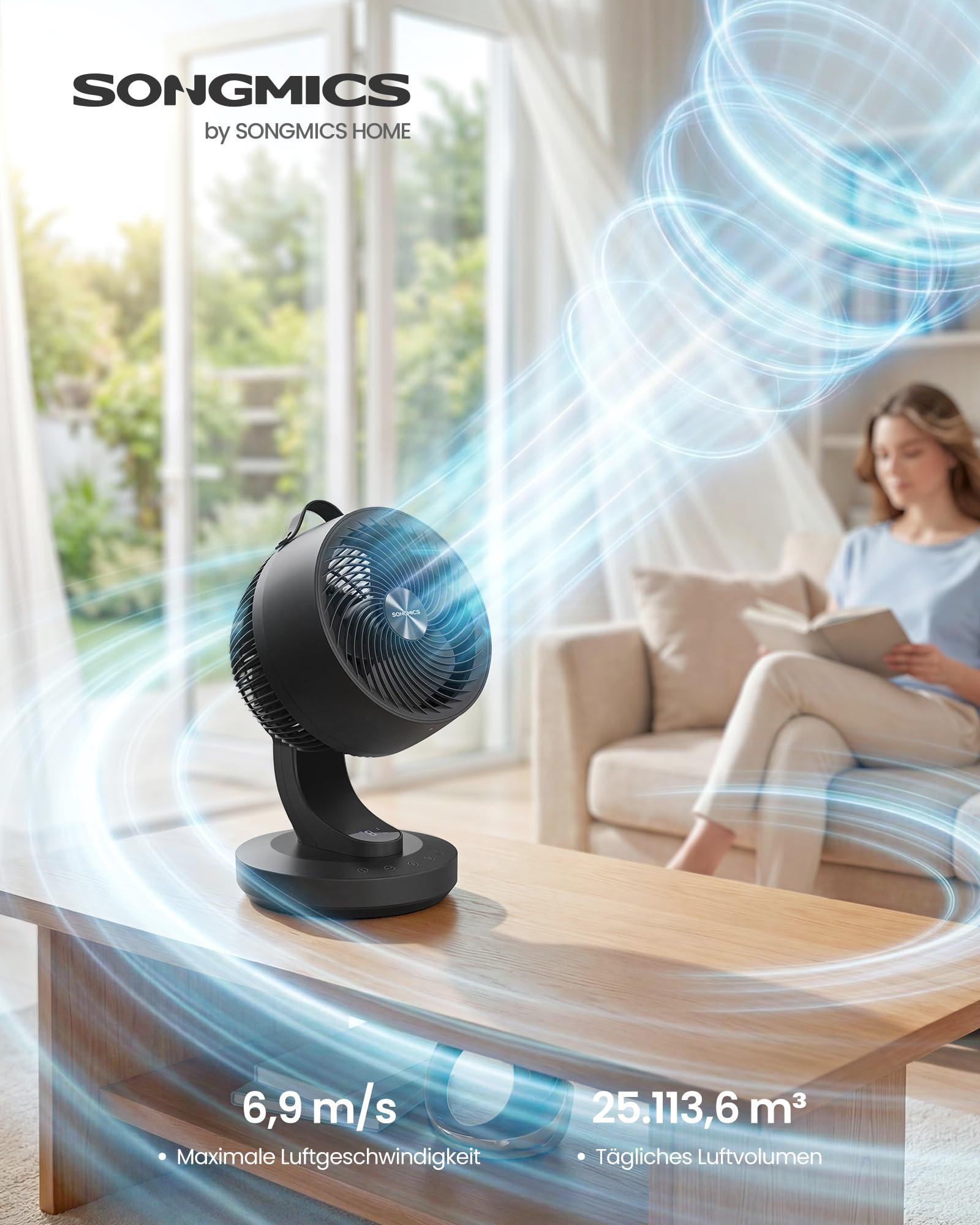 SONGMICS Tischventilator, Ventilator leise 20 dB, Luftzirkulator LED-Display, Fernbedienung, effiziente Kühlung, 70° Oszillation, 8 Geschwindigkeiten, 12 Std. Timer, tintenschwarz XFC001B1EU