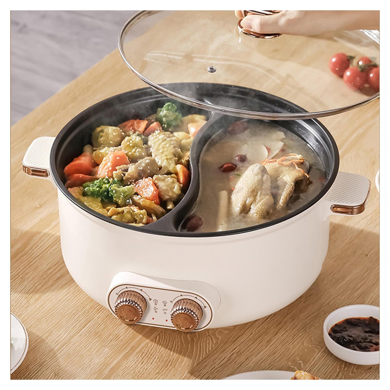 Appareil Fondue Chinoise, Double Interrupteur de Commande Feu à Trois Vitesses 1600 Watts Appareil A Fondue, IdéAl pour Les RéUnions De Famille (avec 2 Filets Non éTanches),7.5L