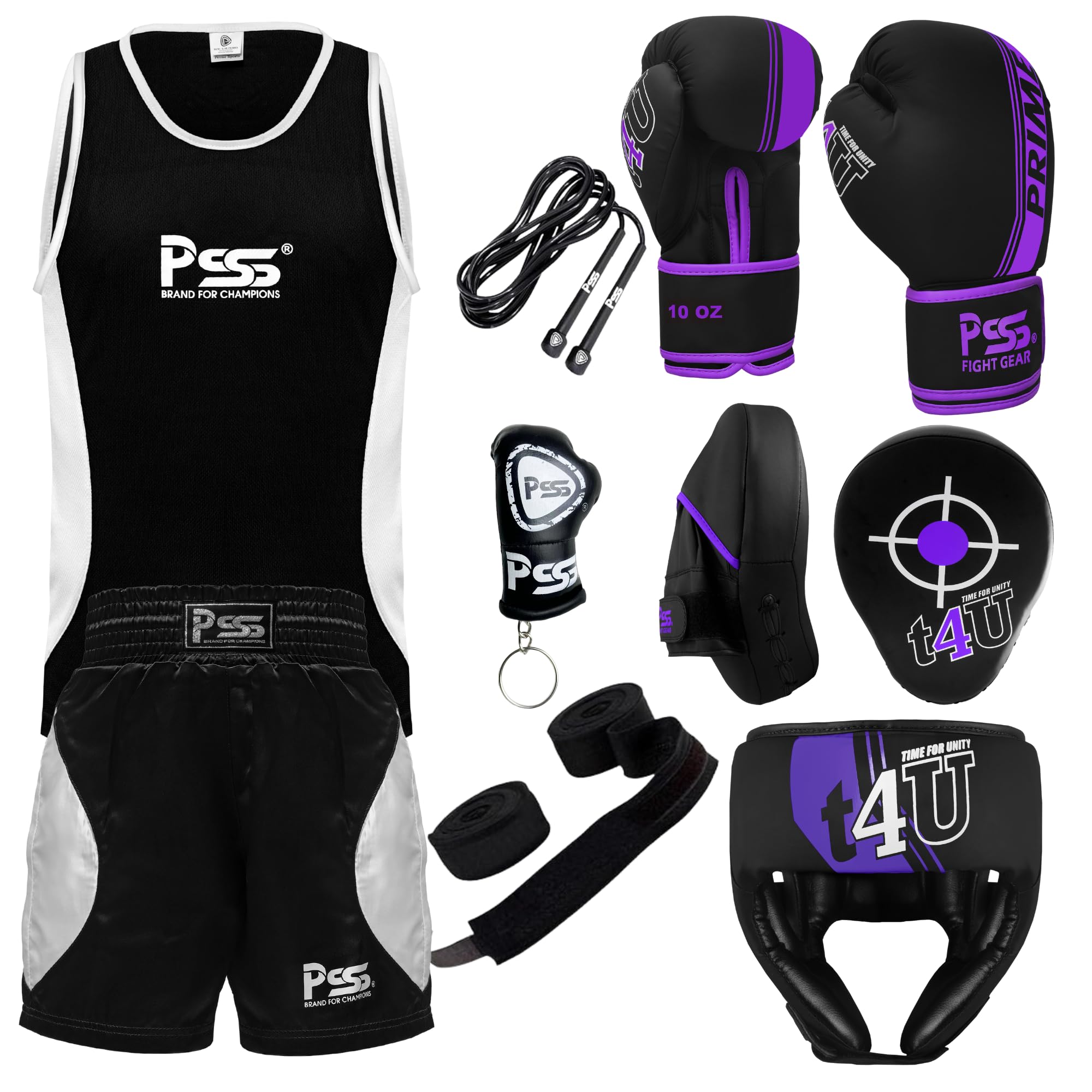 PSS Kids Boxing Set-Boxing Gloves, Uniform, Focus Pad, and Head Guard - Safe, Durable, Lightweight Equipment for Boys/Girls Youth Training, Fitness (Purple, 3-4Year/4oz)