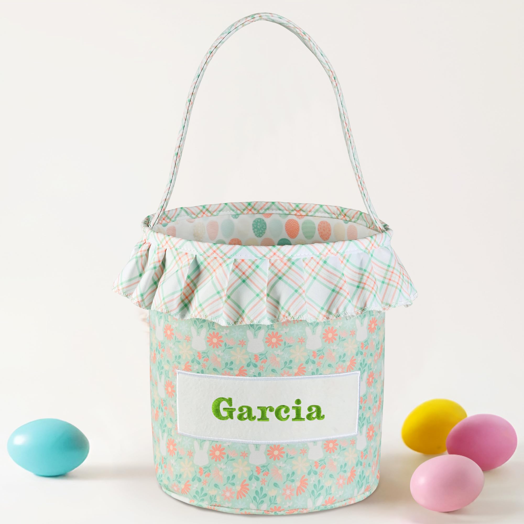 Easter Basket for Kids, VAPCUFF Easter Bunny Basket, Personalized Easter Baskets, Easter Basket with Name - Green Basket with Flower