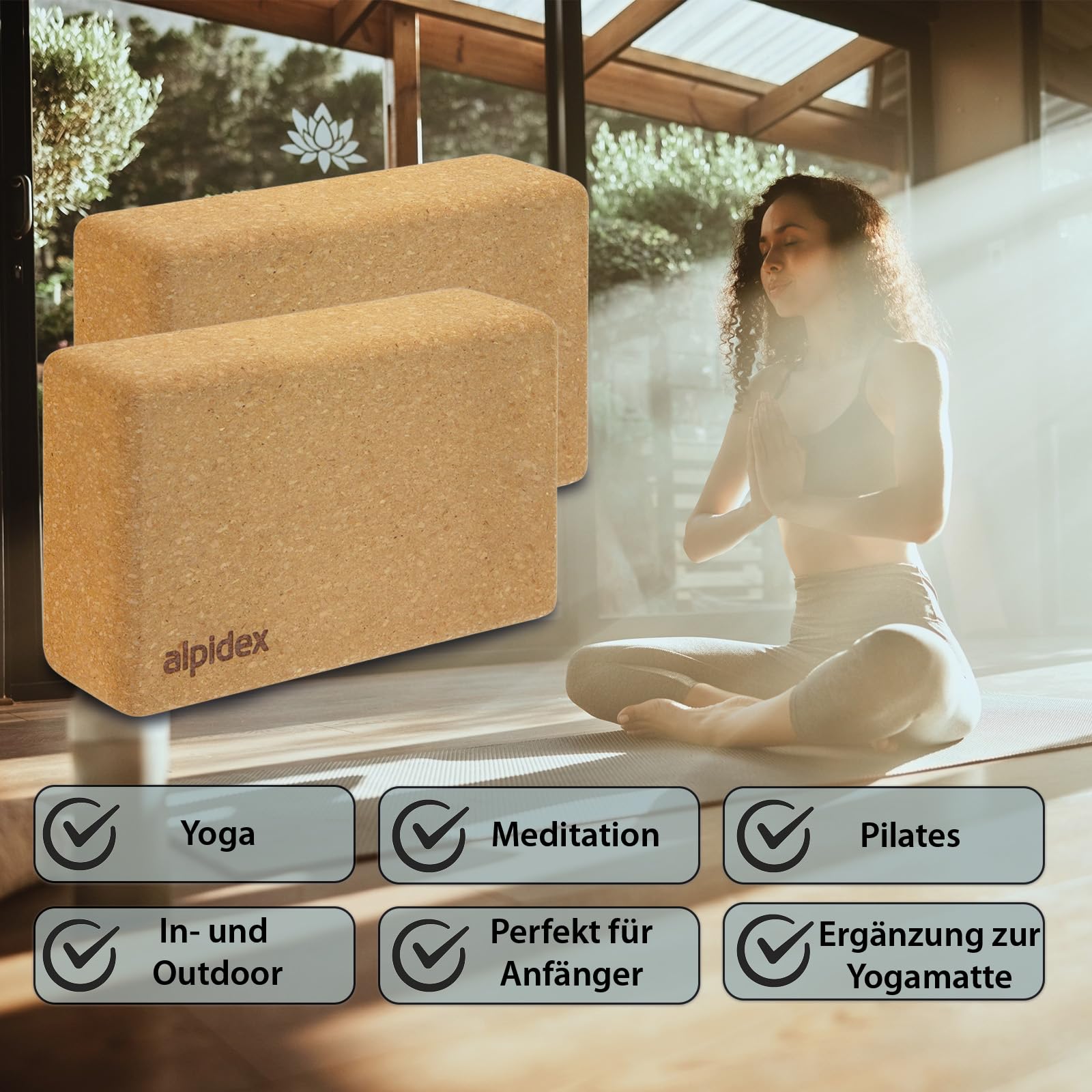 ALPIDEX Yogablock 2er | 4er Set inkl. E-Book mit 100 Übungen ökologisch nachhaltig Naturkork Korkblock Yoga Block Blöcke | 7 Jahre Garantie auf Material*