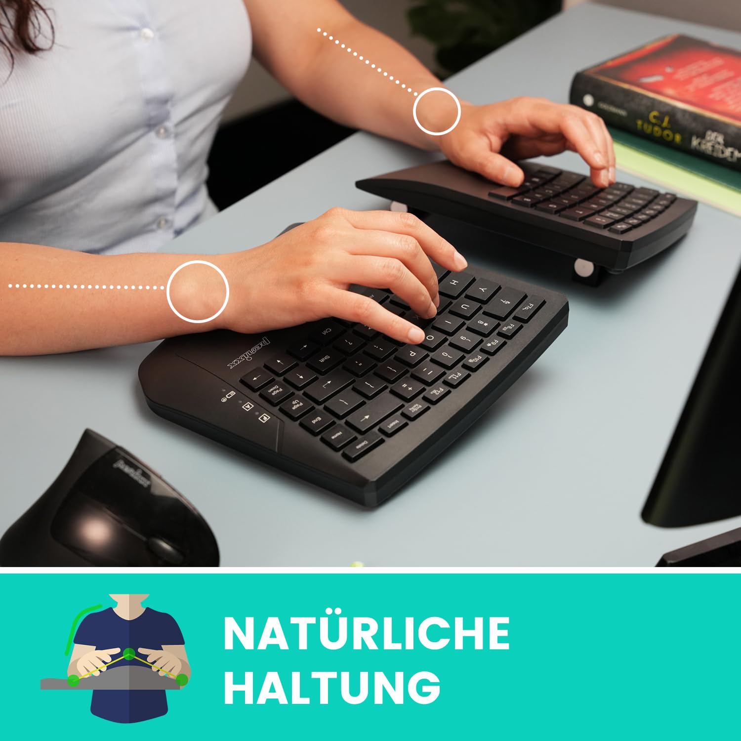 Perixx PERIBOARD-624B - bezprzewodowa ergonomiczna klawiatura, dzielona konstrukcja, TKL, regulowane nachylenie - QWERTZ
