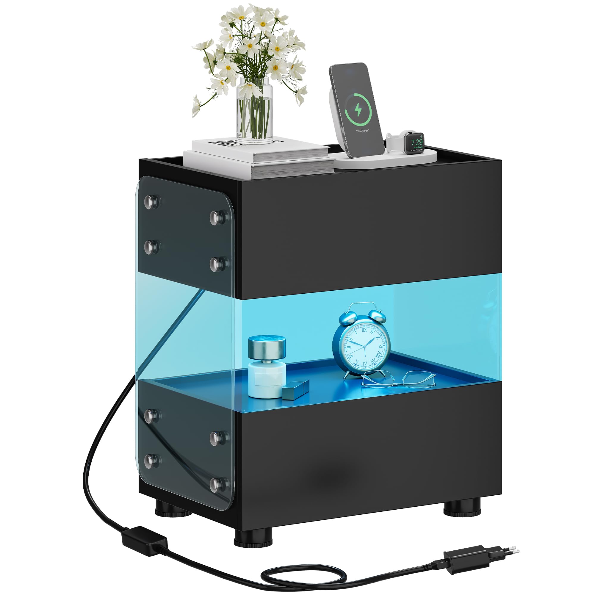 YITAHOME Mesita de Noche Colgante de 2 Cajones con Barra de Luz LED de 7 Colores, Mesa Auxiliar Moderna con Vidrio Templado Esmerilado para Dormitorio, Sala de Estar, Negro