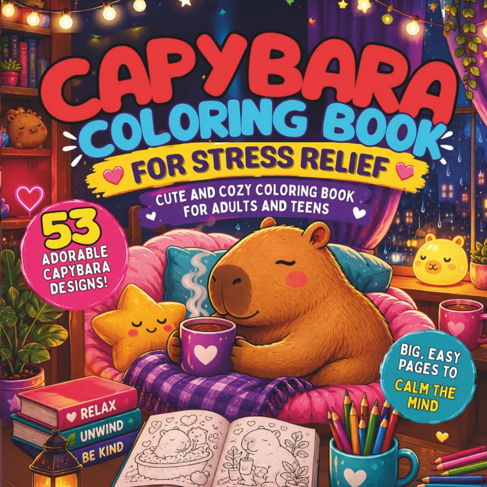 Capybara Coloring Book for Stress Relief: Cute and Cozy Coloring Book for Adults and Teens