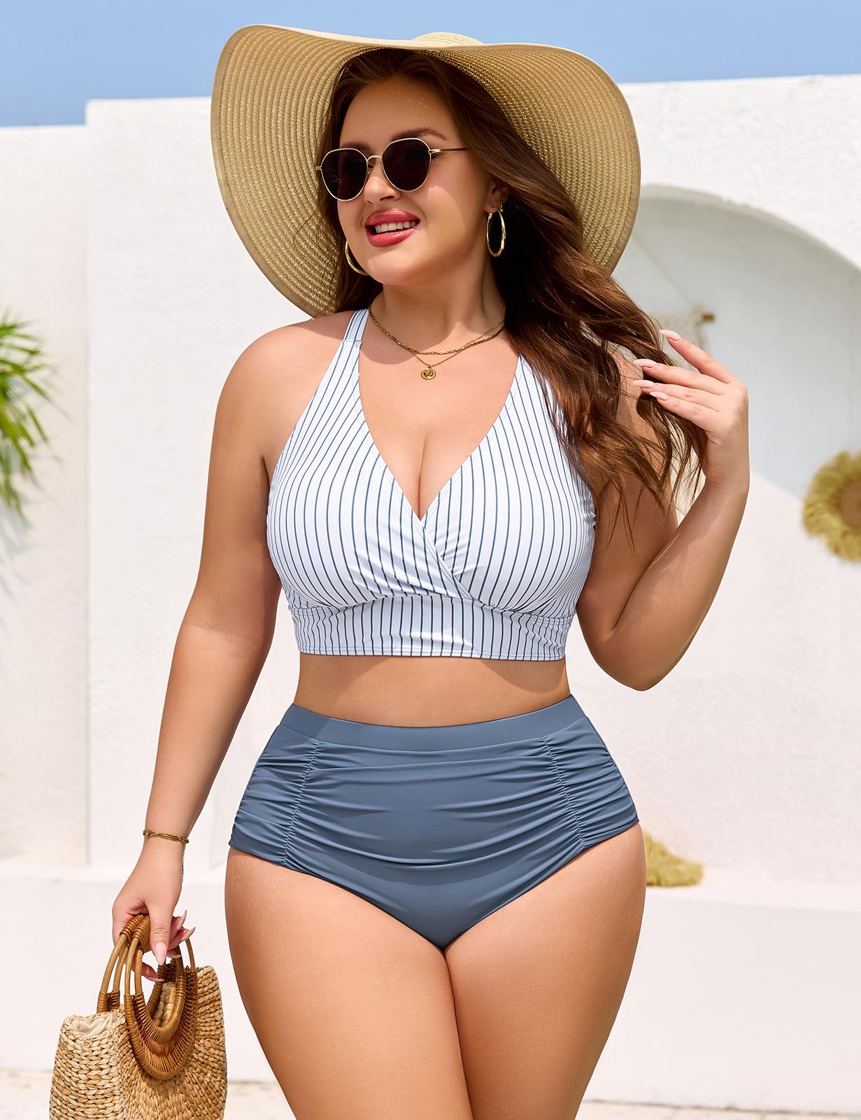 Maillot de Bain Femme 2 Pieces Grande Taille Gainant Bikini Taille Haute Ventre Plat Maillots Deux Pièces Col en V Vacances Plage Beachwear
