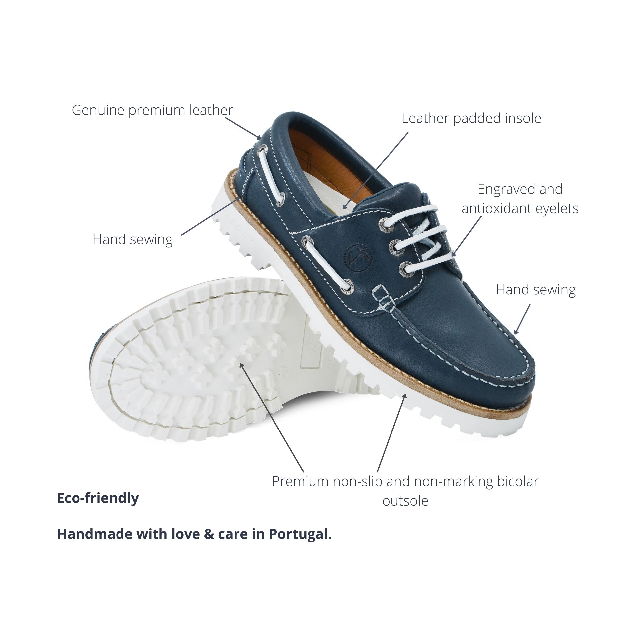 Seajure Chaussures Bateau pour Femme Sibang en Cuir Bleu Marine et Blanc