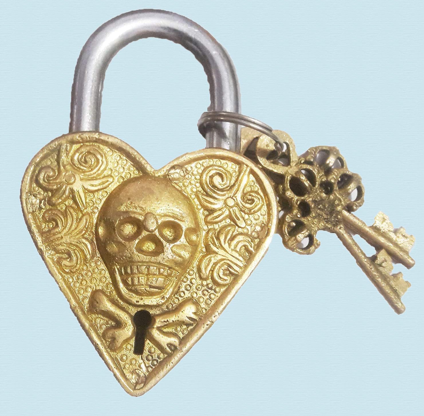 PARIJAT HANDICRAFT Padlock-Functional Brass Beautiful Padlocks with Two Keys Man Skull Engraved Antique Finished Lock for Gym, Sports, School & Employee Locker, Outdoor, Fence, Hasp and Storage