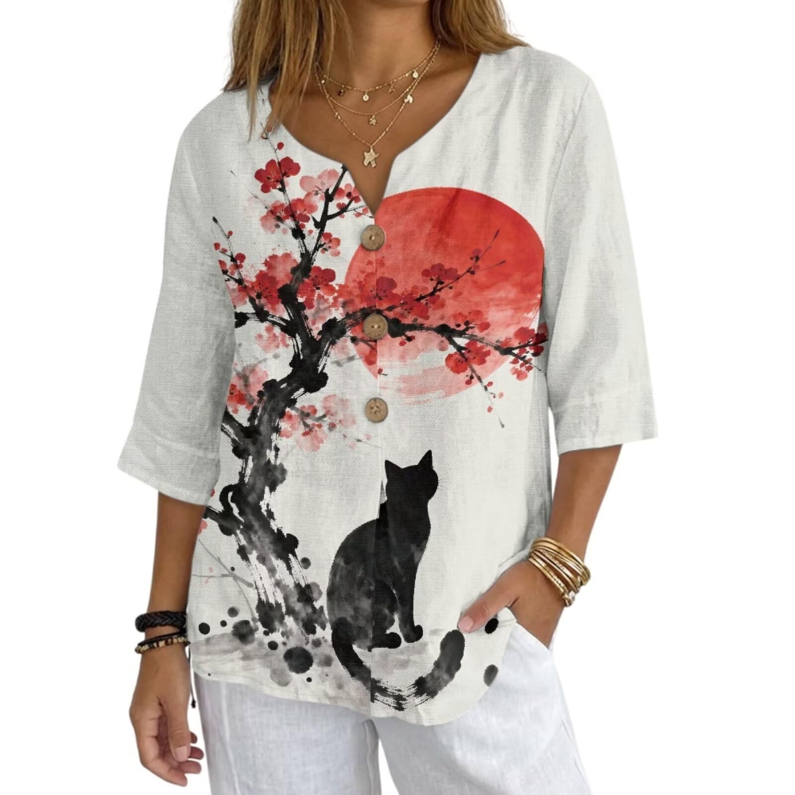 Women's V-Neck Tunic Top, Casual Polyester Linen Blouse with Decorative Buttons, Loose Fit Easy Care Everyday Wear