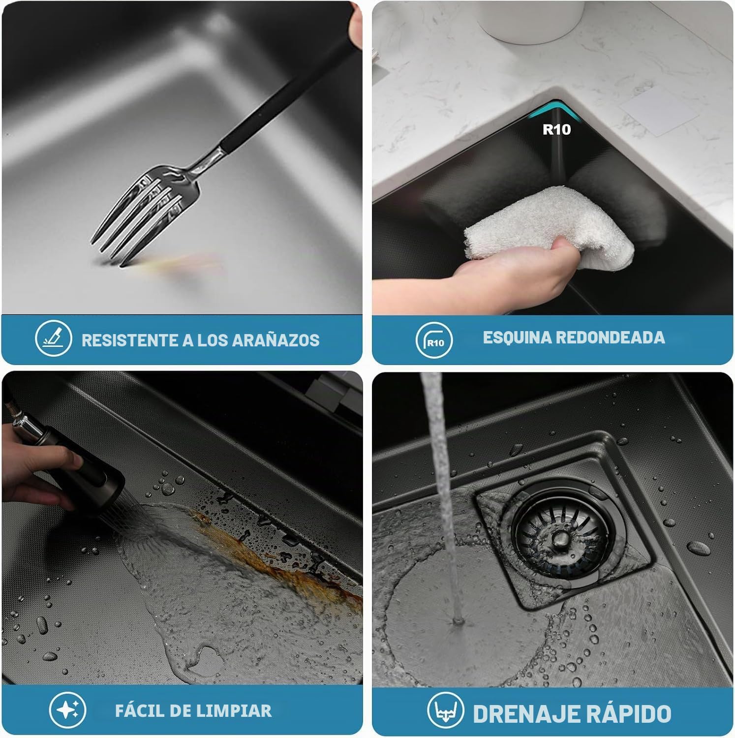 Fregadero Cocina Negro Multifuncional, Fregadero Cocina en Acero Inoxidable, Fregadero Bajo o Sobre Encimera Con grifo extraíble/dispensador de jabón/flujo de agua en cascada (A, 68x45cm)