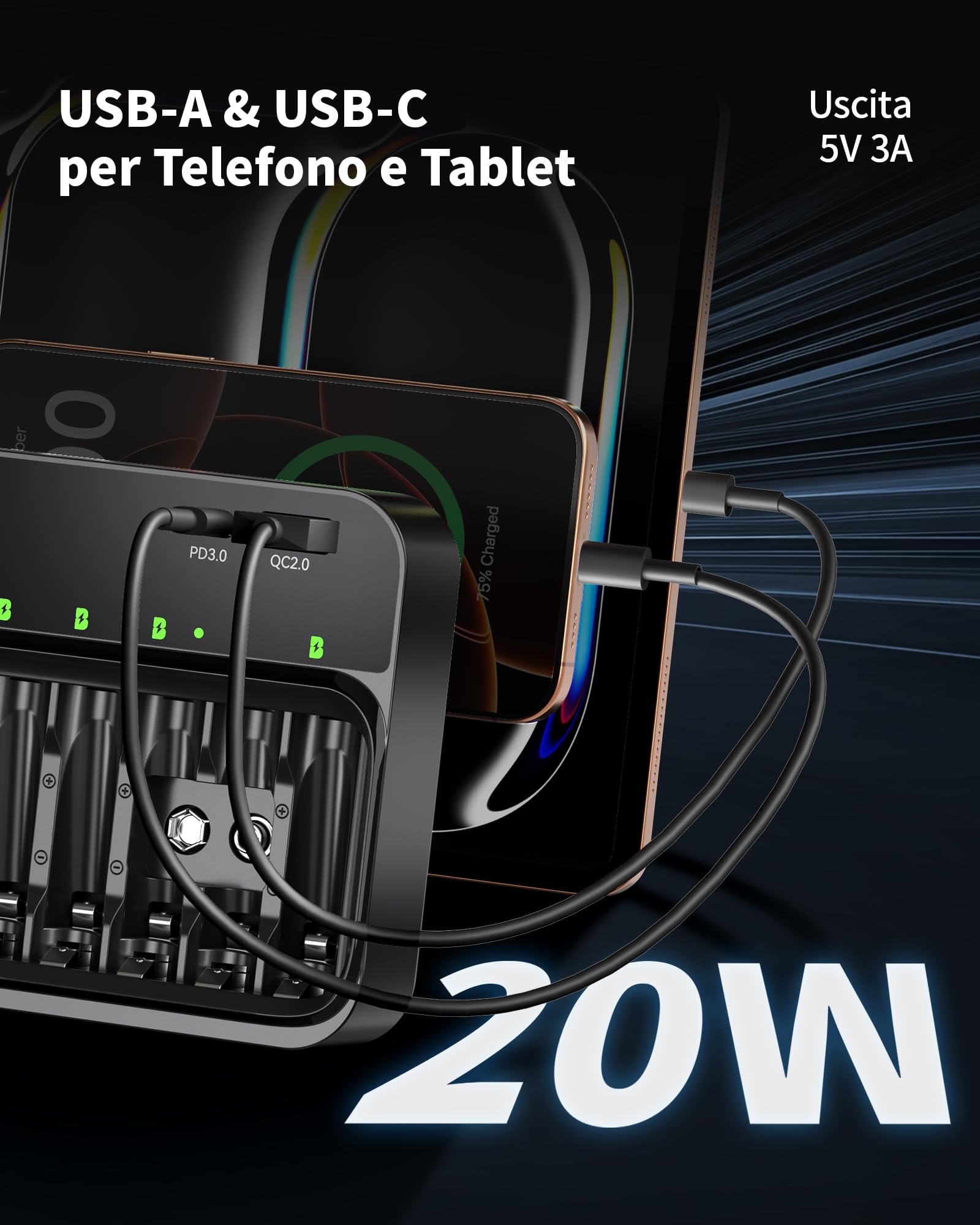 EBL Caricabatterie per batterie AA AAA 9V, 8 slot caricatore indipendenti, ingresso USB-C PD3.0 & Micro USB, caricatore rapido