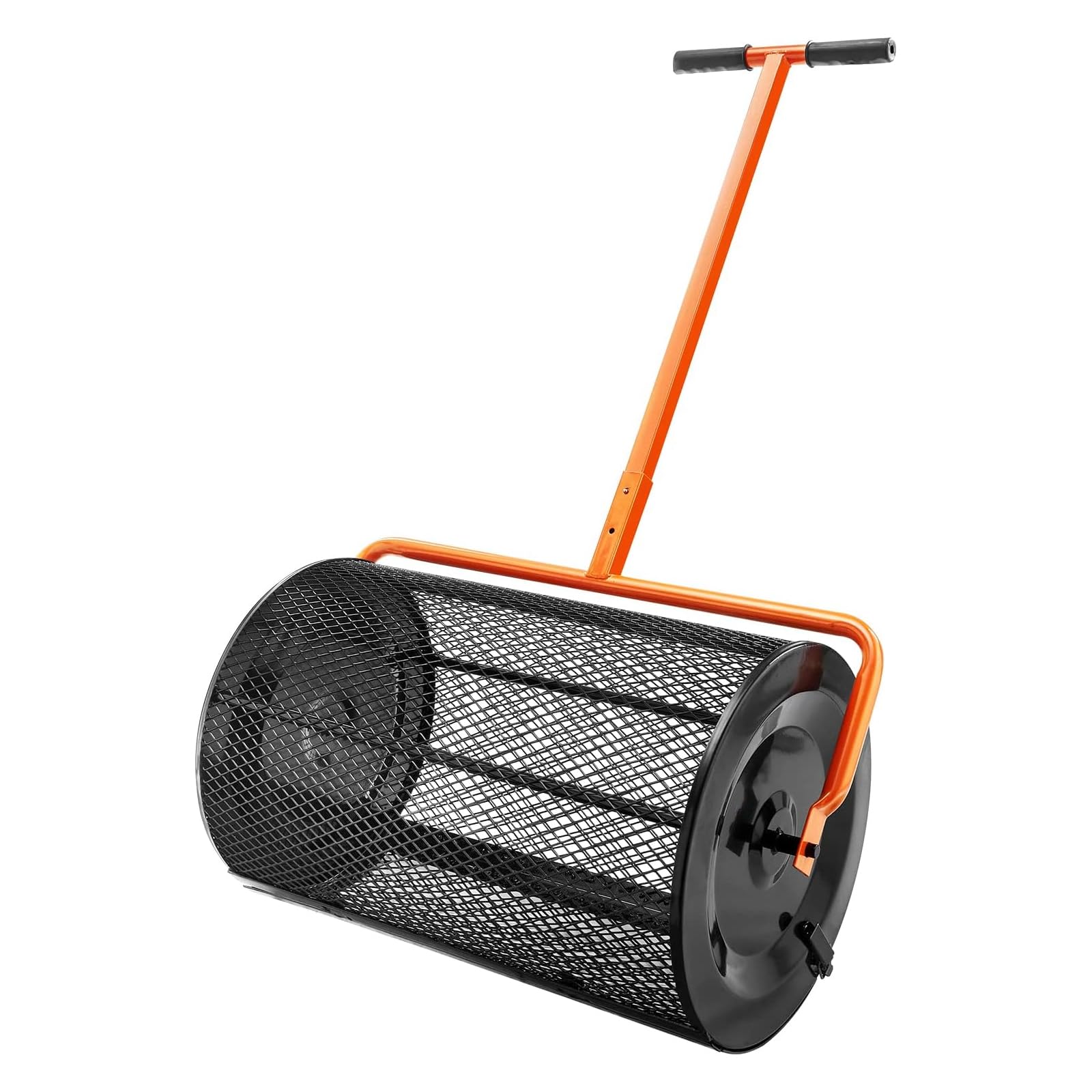 Rozsiewacz kompostu z grabiami do wyrównywania trawnika, kosz o szerokości 24" z regulowanym uchwytem i narzędzie do wyrównywania trawnika o wymiarach 30"x10" z uchwytem o długości 78", pomarańczowo