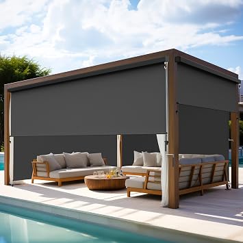Outdoor Roller Shades for Patio with Valance, New Material Outdoor Blinds with 95% UV Blockout, Cordless Patio Roller Shades with Crank Handle for Balcony Porch, 8W X 8H, Black