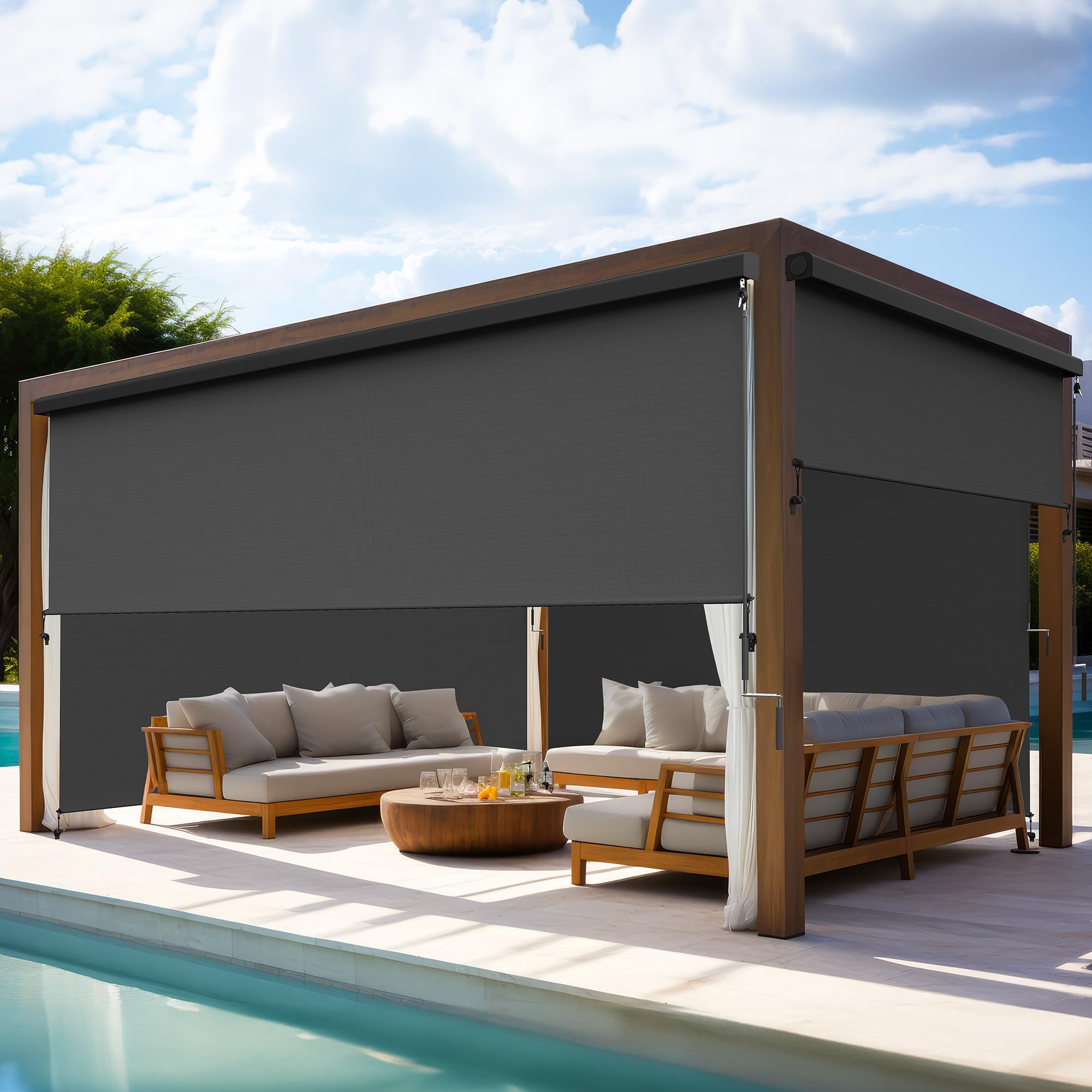 Outdoor Roller Shades for Patio with Valance, New Material Outdoor Blinds with 95% UV Blockout, Cordless Patio Roller Shades with Crank Handle for Balcony Porch, (4'W X 6'H), Black