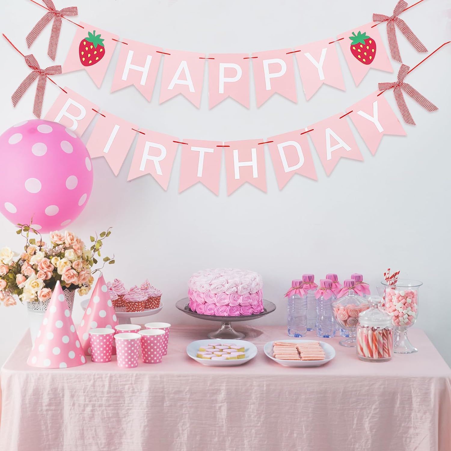 JarThenaAMCS 2Pcs Strawberry Happy Birthday Banner 3D Pink White Birthday Paper Banner with Ribbon Bow for Home Office Hanging Decoration - Image 6