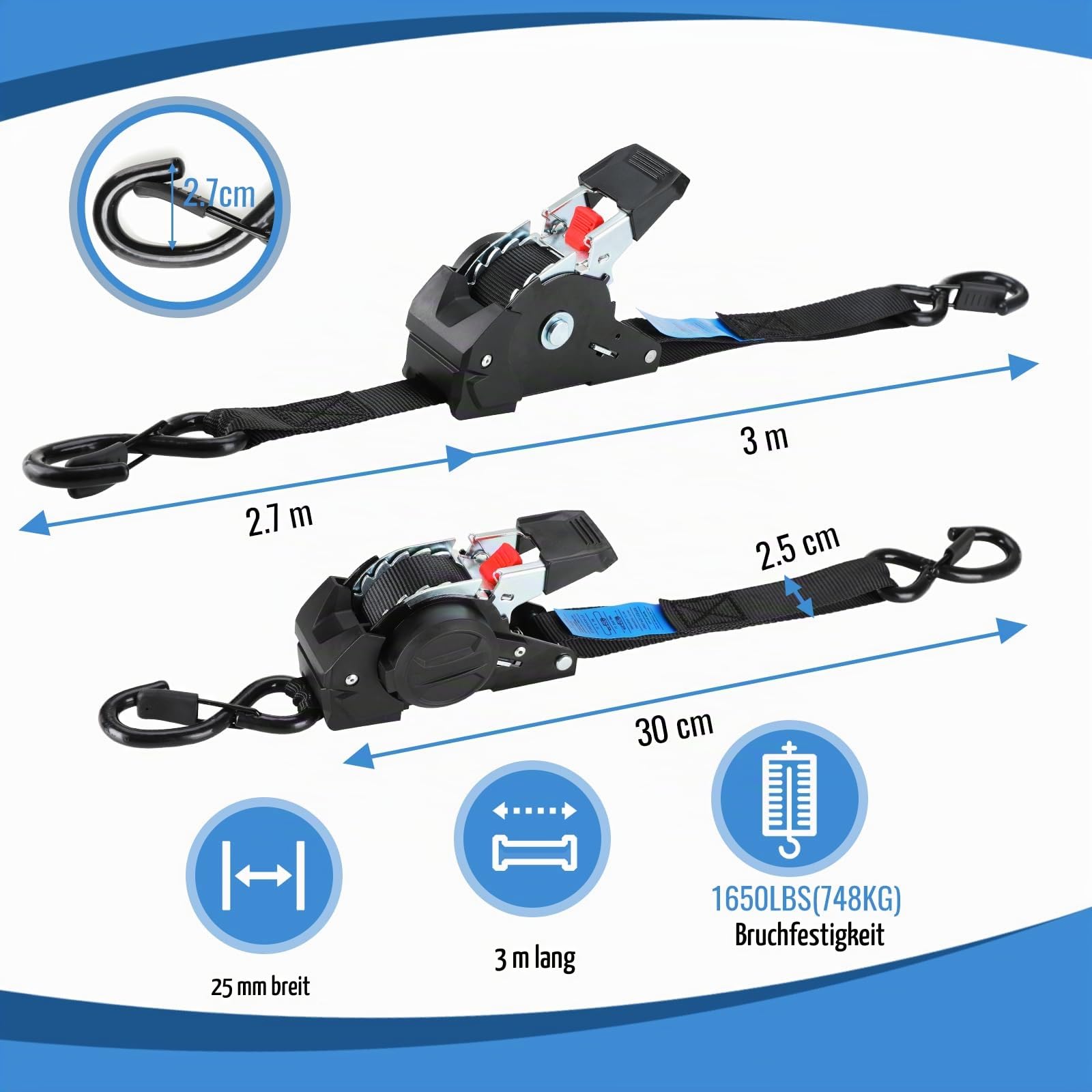 TLGREEN Selbstaufrollende Spanngurte, 4 Stück, 3 m x 25mm, Automatik Spanngurt mit S Haken, 748kg Bruchfestigkeit, 300 daN Zugfestigkeit, Zurrgurt für Anhänger, Motorrad, Fahrrad & Mehr, Schwarz | Selbstaufrollende Spanngurte, Ratschengurt mit S Haken, Zu