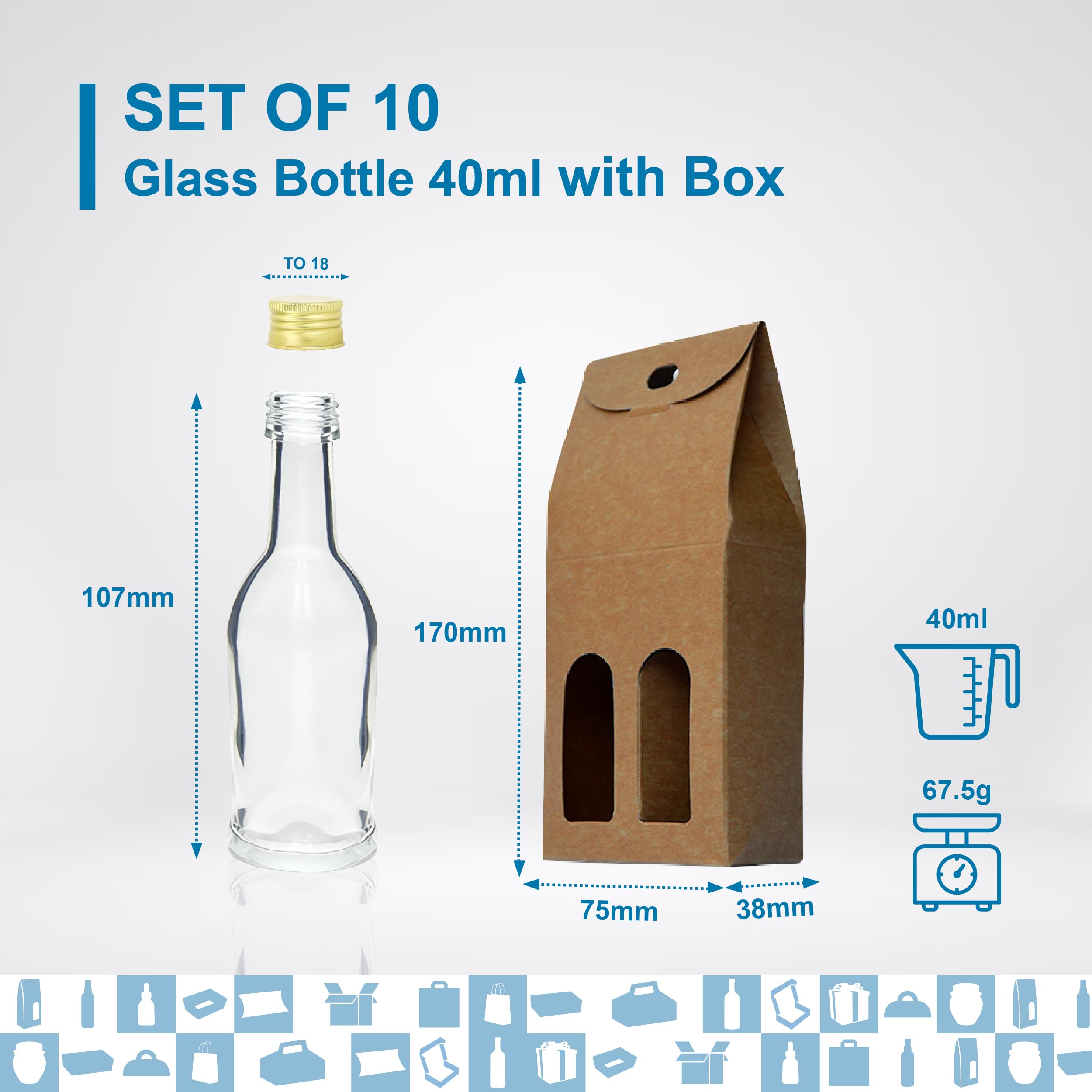 Paquete de 20 mini botellas de cristal Galão de 40 ml con tapón de rosca dorado y caja para 2 botellas- Miniaturas de alcohol de 4 cl, pequeñas muestras, ideal para regalos, bodas