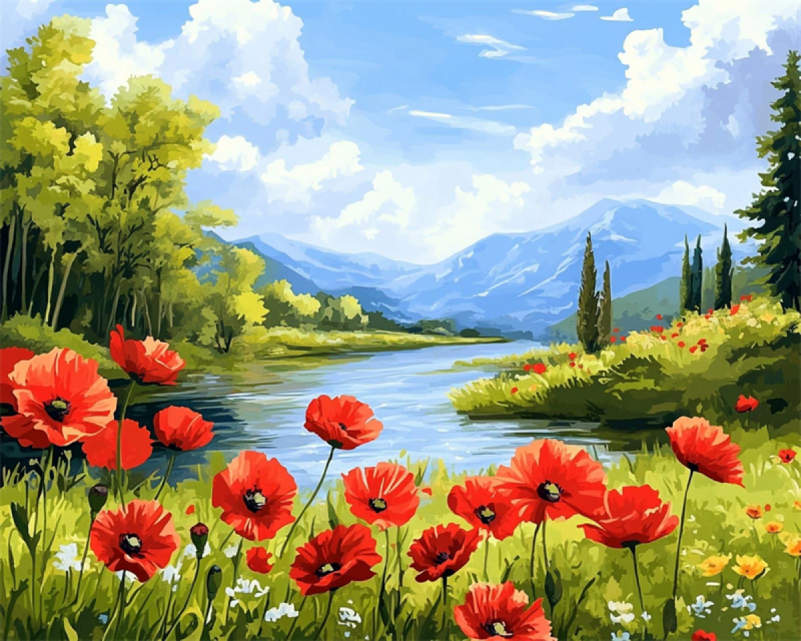 AxiangziK DIY Knüpfteppich Zum Selber Knüpfen Rote Blumenlandschaft Am Fluss Knüpfpackungen Für Teppiche Zum Selbermachen Für Familie Und Freunde,Handarbeit,Kreuzstich,Bastelset,Geschenk 60x90cm