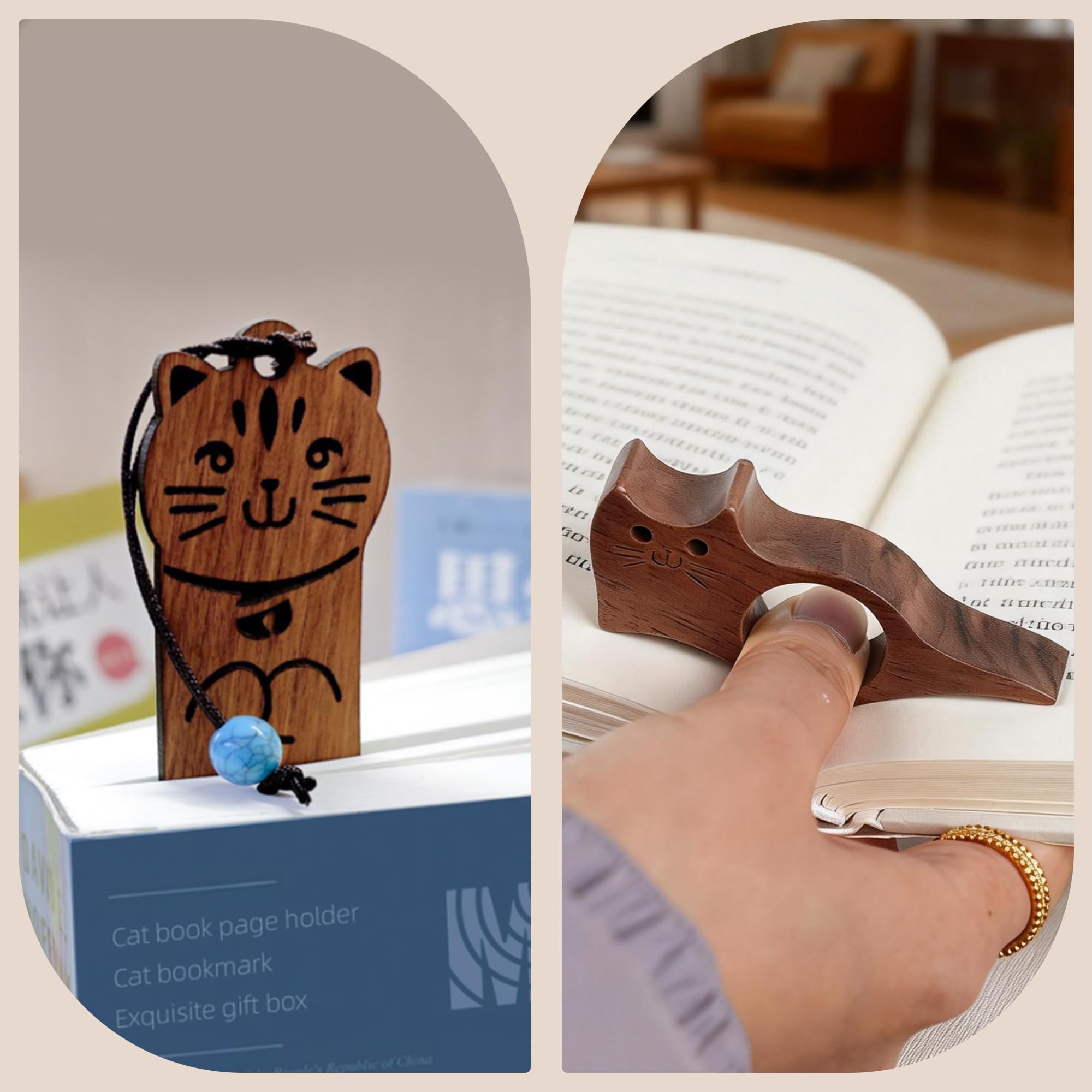 Buchseitenhalter Katzenform Walnuss Daumen Lesezeichen Daumenleser Ideales Lesezubehör Lesegeschenke Buchliebhaber Geschenk Durchmesser 2,2 cm