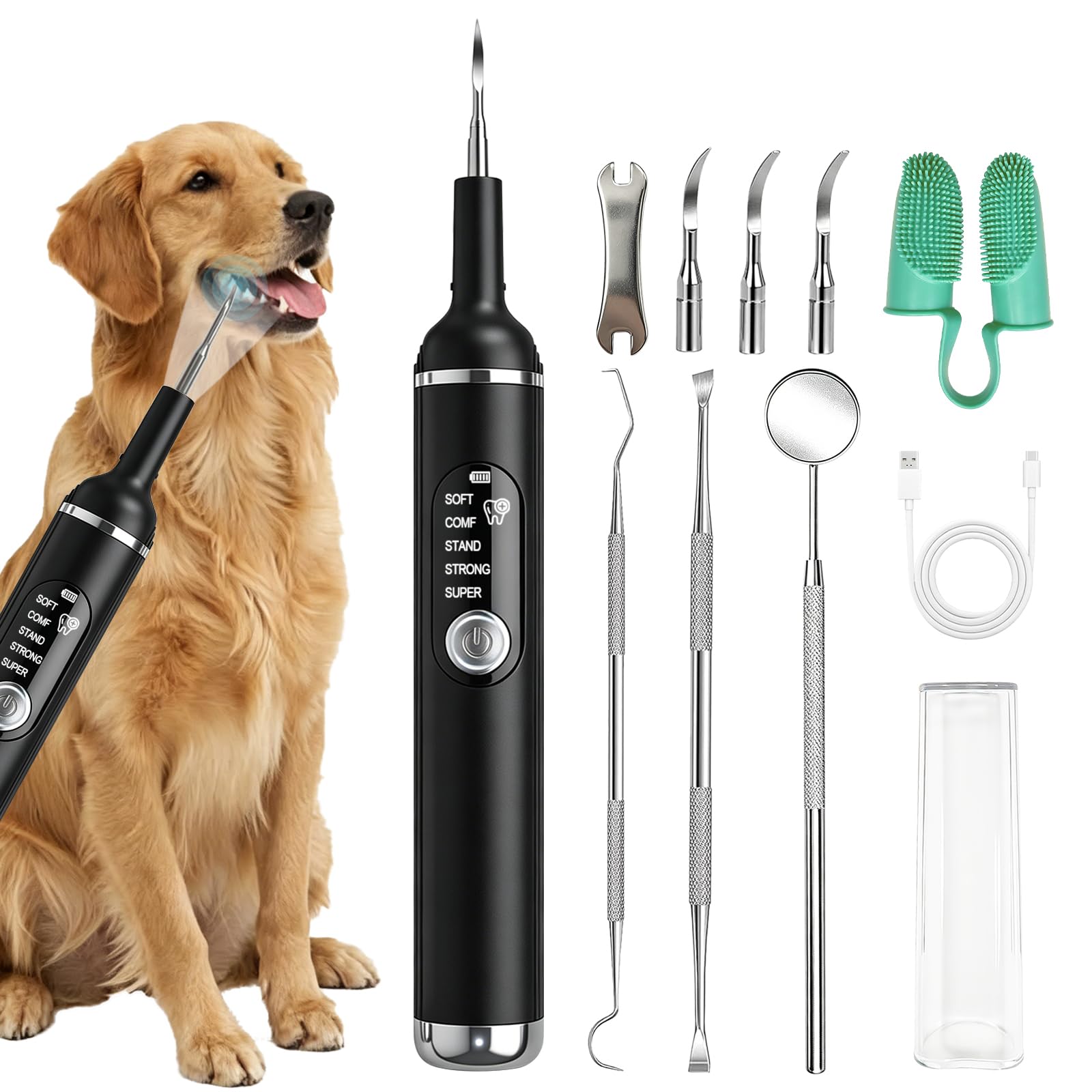 Dog Plaque Remover for Teeth, Dog Teeth Cleaning Products with 5 Modes & LED Light, Ultrasonic Tooth Cleaner for Tartar & Plaque with 4 Heads, Finger Toothbrush (Black)