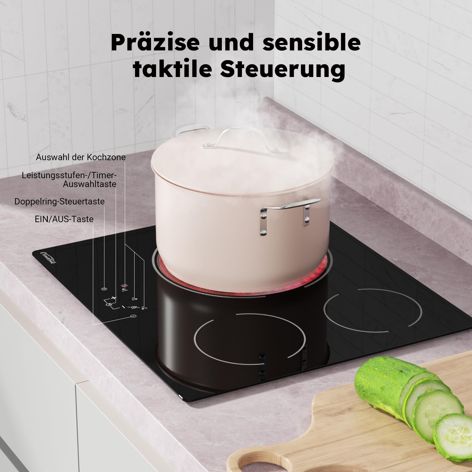 Plaque de Cuisson Vitrocéramique 3 feux cuisinière 60 cm puissance totale 5400W avec commandes tactiles sécurité intégrée timer électronique pour cuisson précise et flexibilité de cuisine, Noir