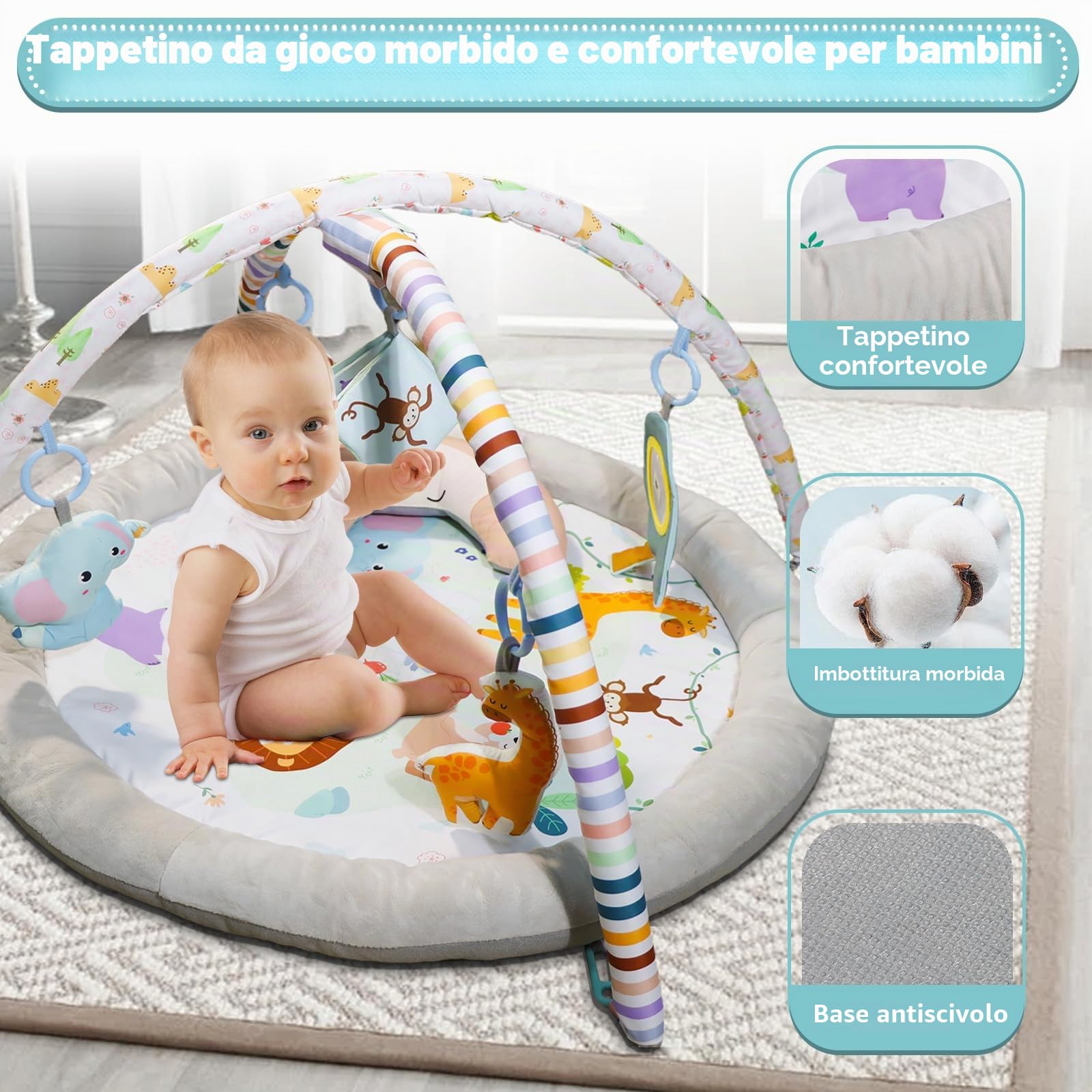 Tappeto e palestra per il gioco del bambino in peluche,Con 6 giocattoli e cuscino luna. Design zoo piegabile, smontabile,Promuove l'ed Aucazione precoce, Baby Tappeto e palestra