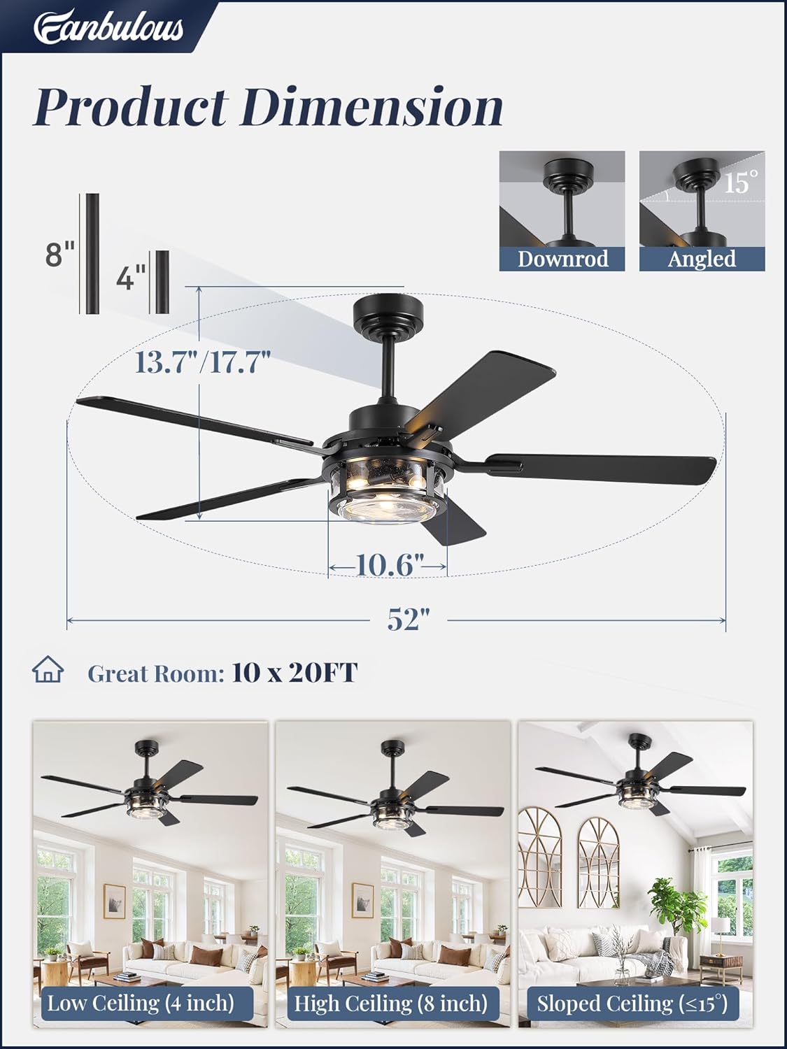 Fanbulous 52 Inch Ceiling Fan with Light and Remote,Downrod Mount Farmhouse Ceiling Fan for Bedroom, Quiet 6-Speed Reversible DC Motor, Rustic Black & Wood Finish Blades