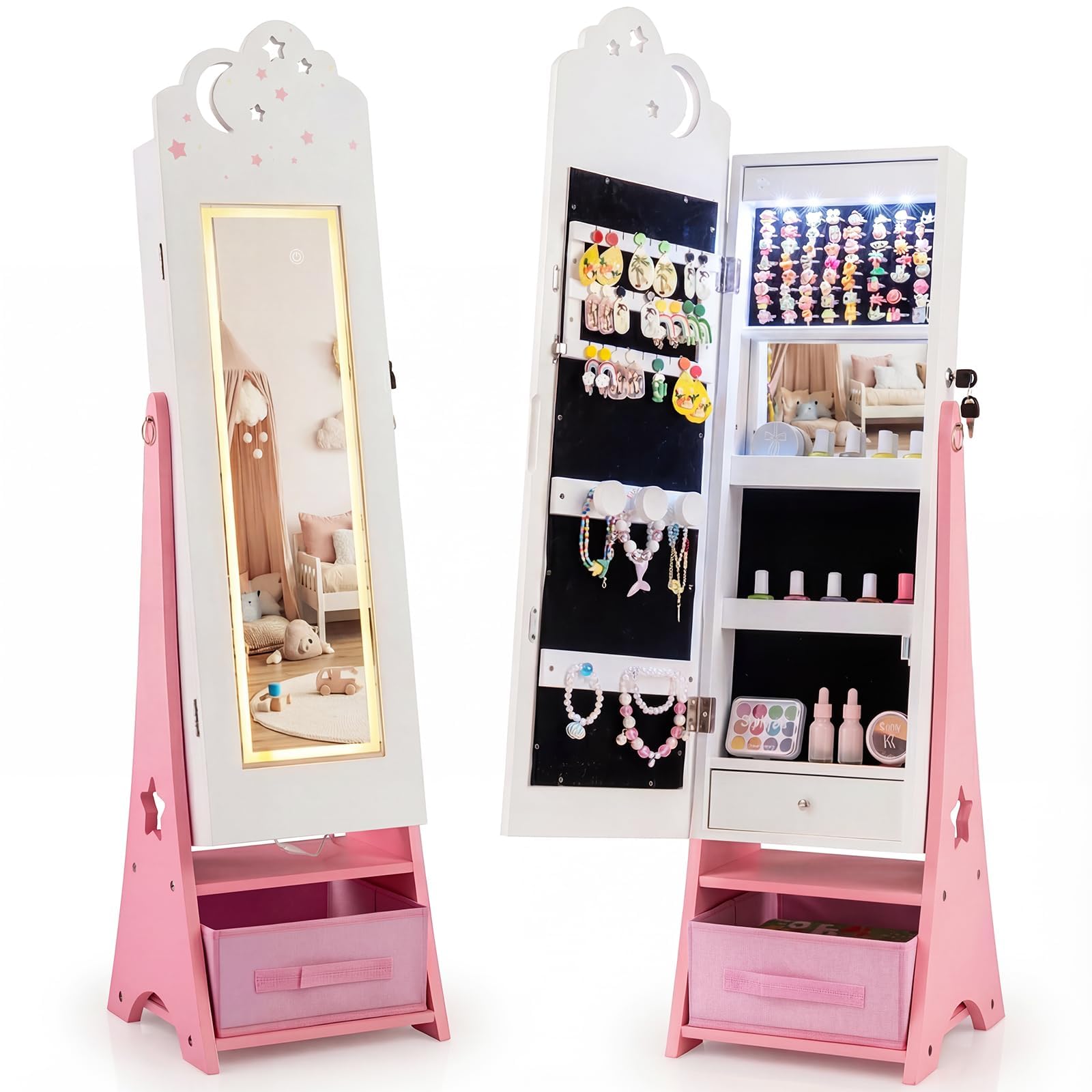 FANTASK Armadietto portagioie per bambini, con illuminazione a LED e specchio per tutto il corpo, organizer per gioielli con serratura inclinabile con specchio interno e cassetti, per cameretta dei