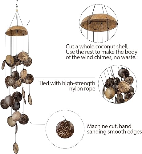 Miniatura 3 de Campanillas de viento de concha de coco para exteriores, campanillas de viento de madera hechas a mano de bambú para exteriores, parte superior de