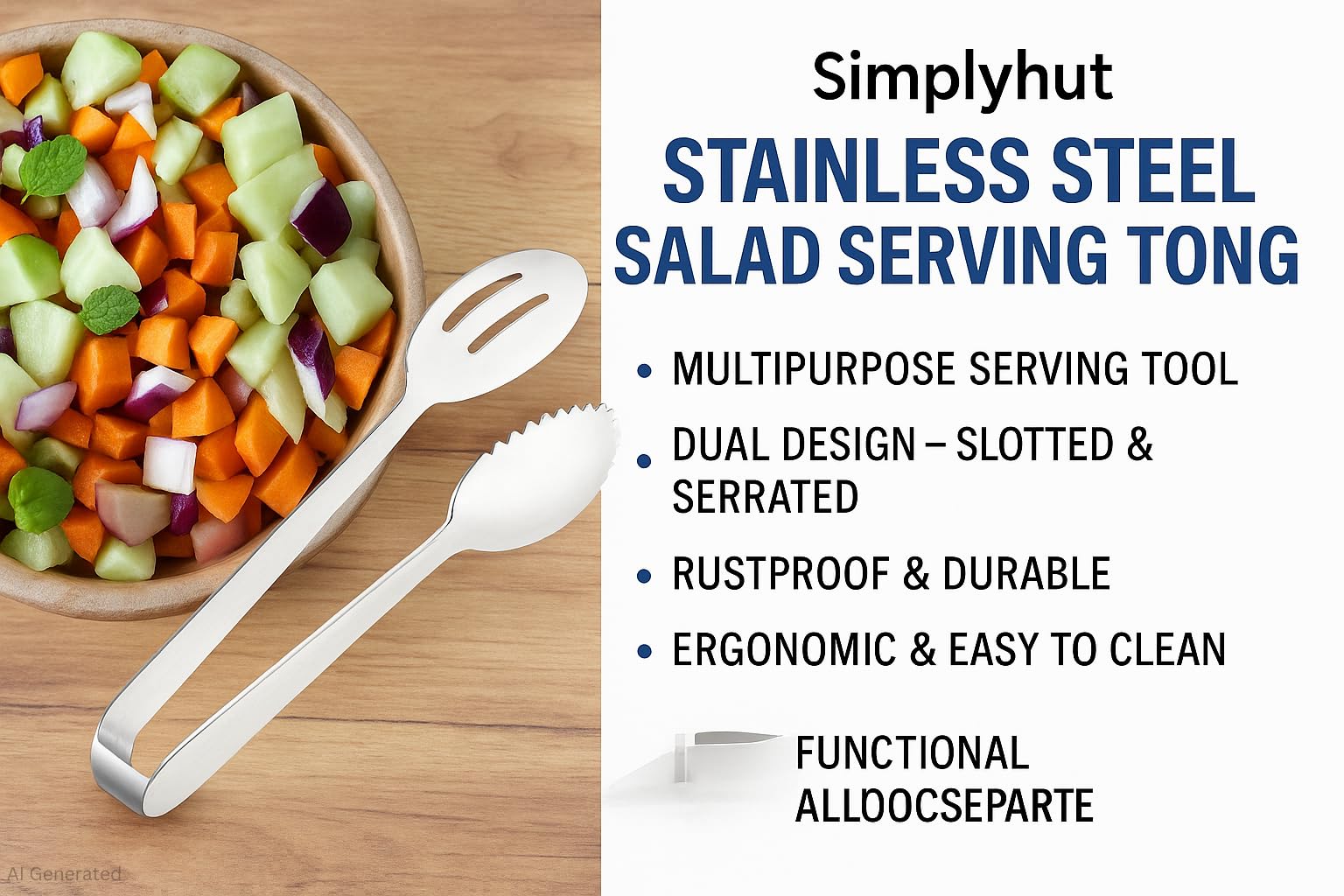 Simplyhut Stainless Steel Salad Serving Tong, Dual Design Multipurpose Serving Tool for Kitchen, Stainless Steel Durable Super Gloss Finish Chimta for Food Cooking, Roasting, Serving at Restaurant 4