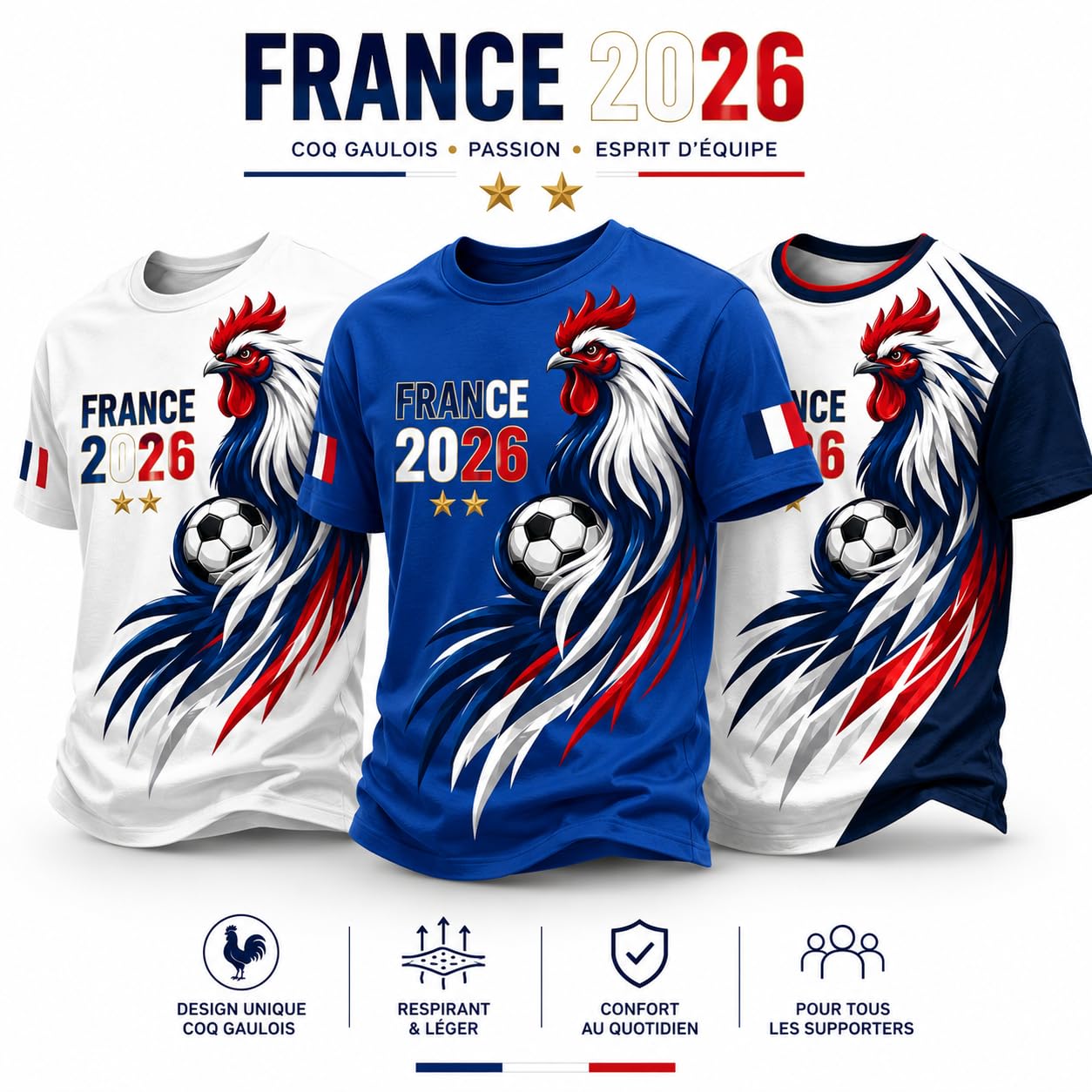 Générique Maillot France 2026 Homme – Maillot de Foot France avec Coq Gaulois, Haut Décontracté Style Fan Respirant pour Supporter Équipe de France Football