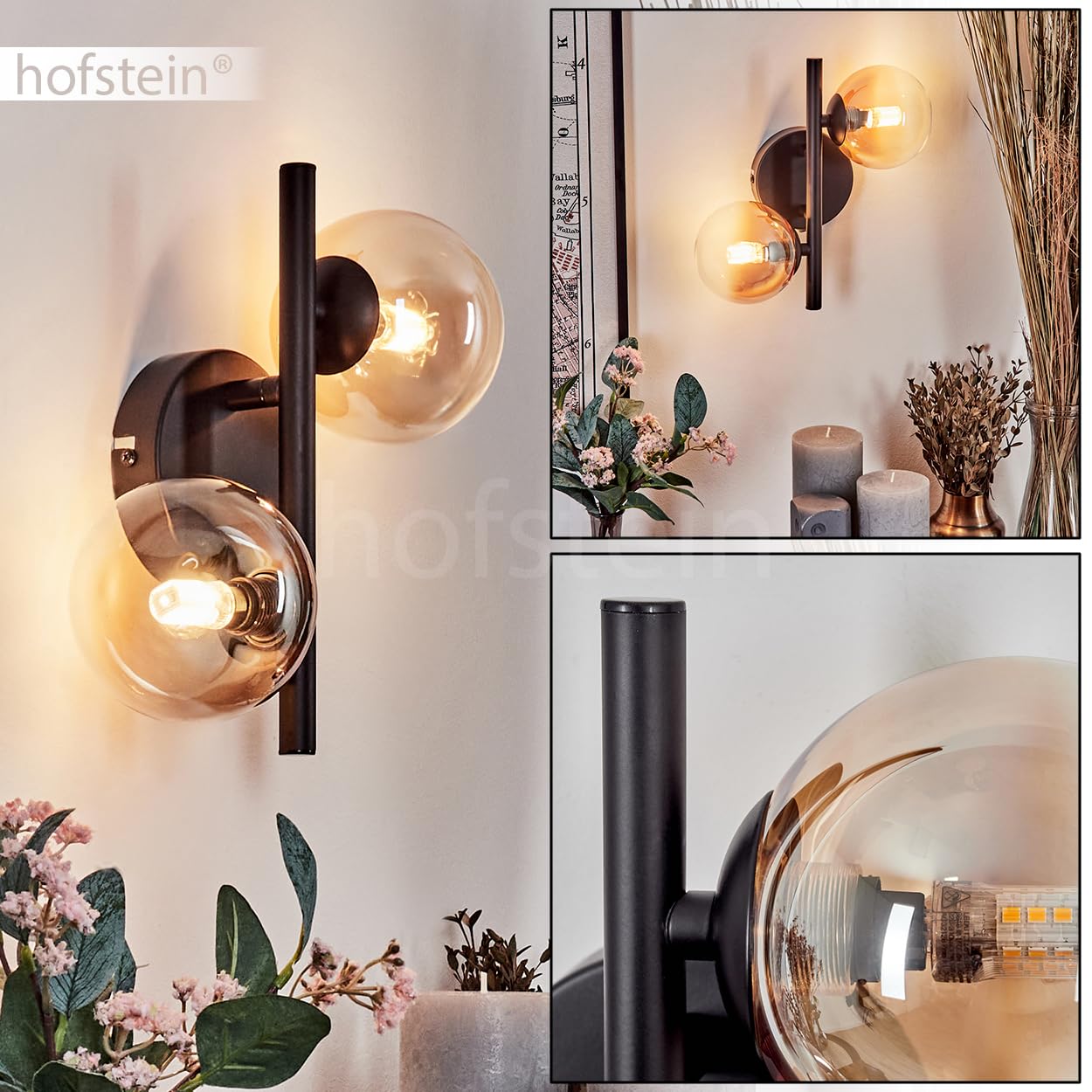 Wandleuchte Chehalis, Wandlampe aus Metall/Glas in Schwarz/Bernstein/Klar, Leuchte im modernen Retro/Vintage-Design m. Schirmen aus Glas (Ø 10cm) u. An/-Auschalter am Gehäuse, 2x G9, ohne Leuchtmittel