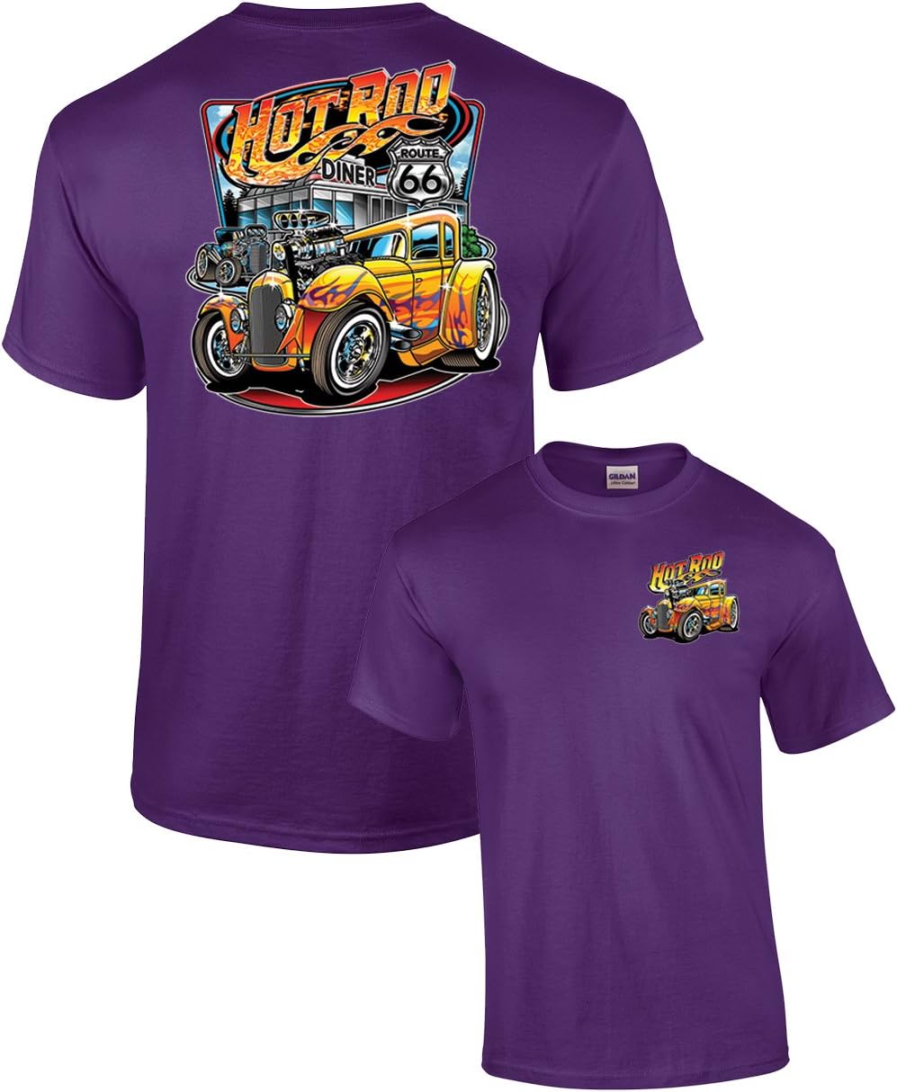 Hot Rod Diner Muscle Car Adult Tee Shirt Black, Purple, Small